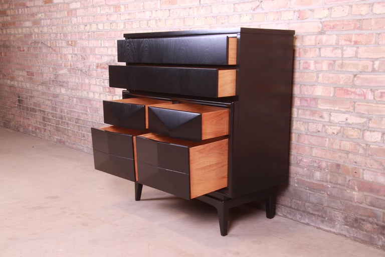 MidCentury Modern Black Lacquered Diamond Front Highboy Dresser by