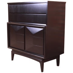 Mid-Century Modern Black Lacquered Diamond Front Highboy Dresser by United