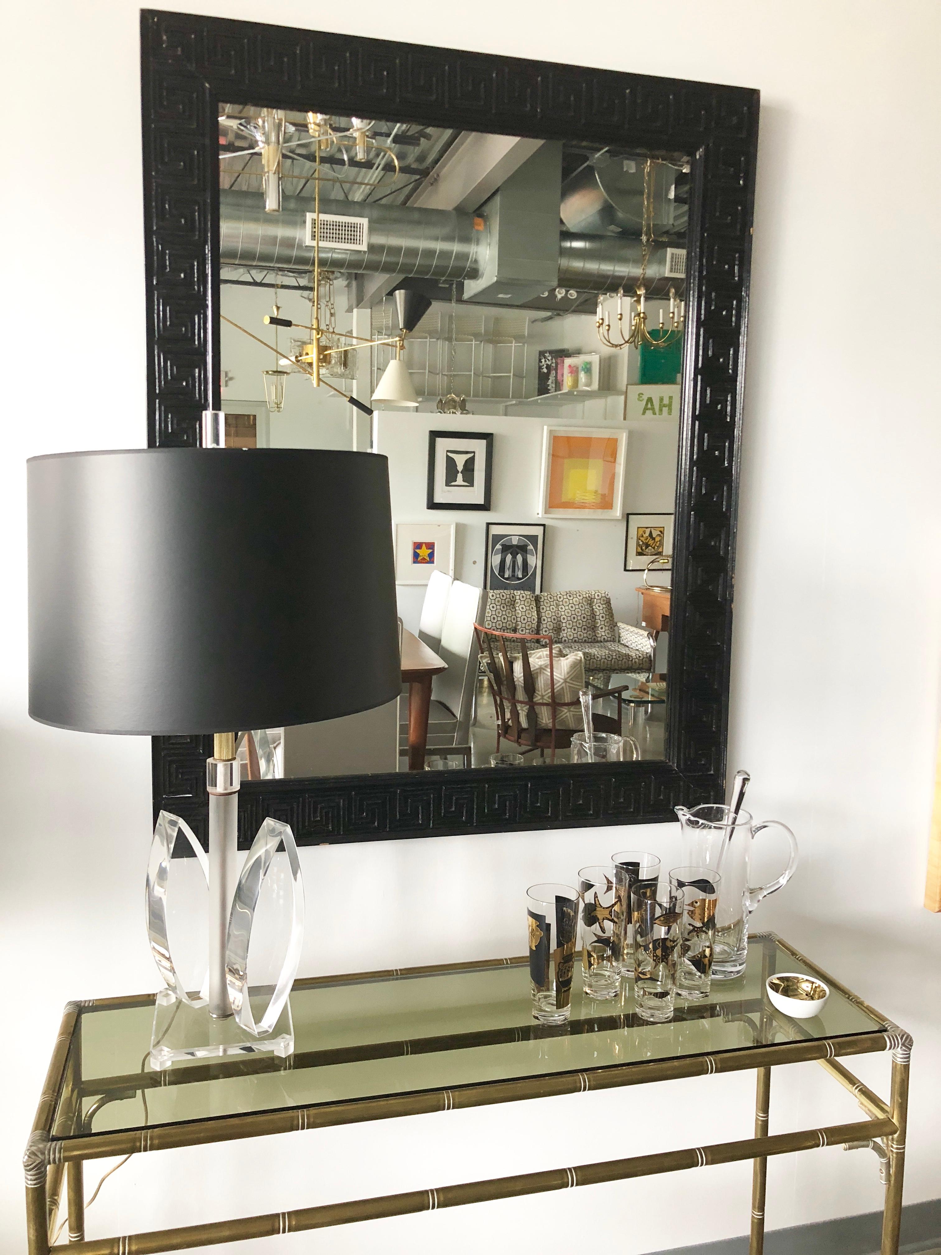  Mid Century Modern Black Lacquered Greek Key Mirror In Good Condition In Houston, TX