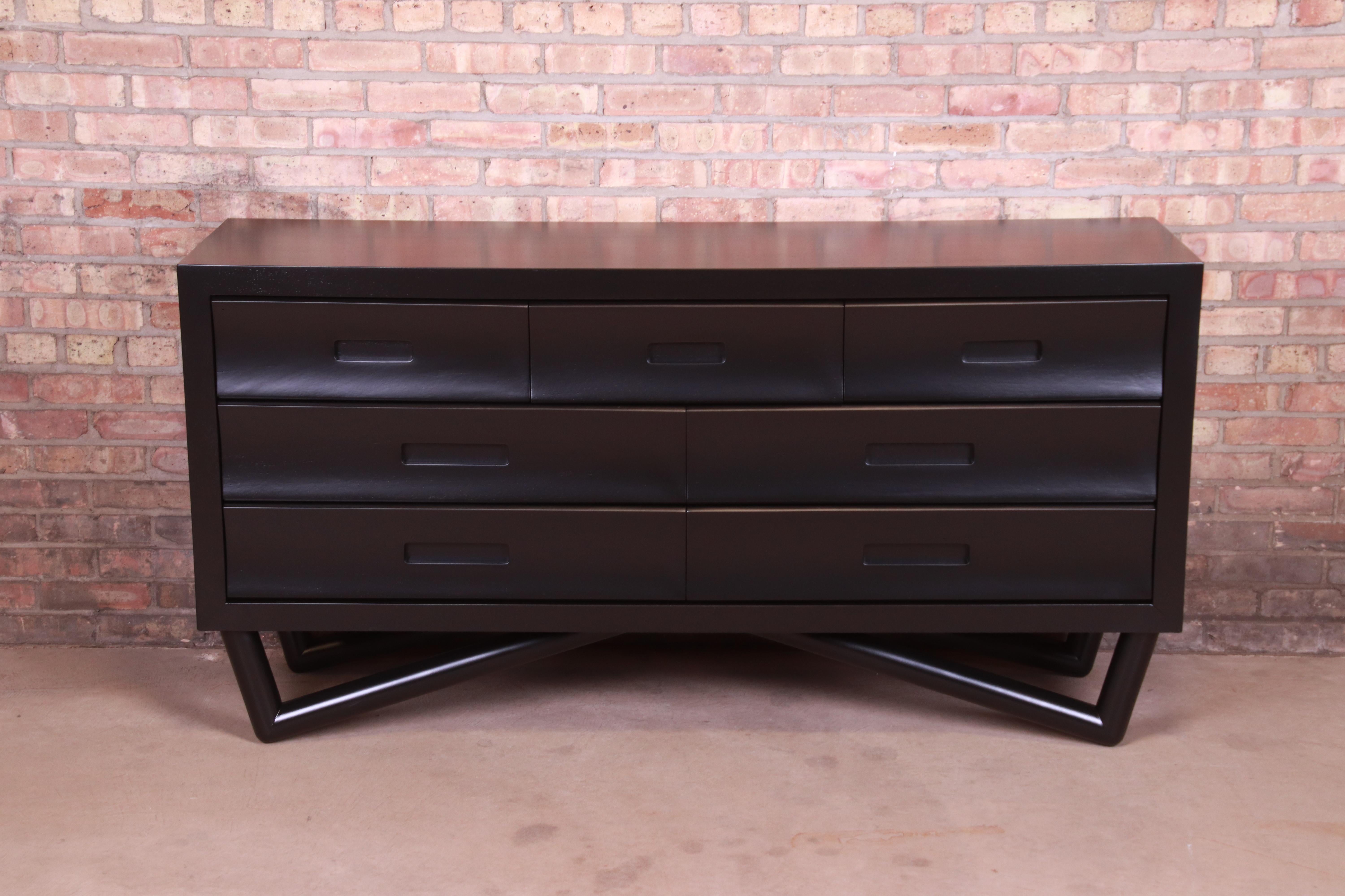 Mid-Century Modern Black Lacquered Long Dresser or Credenza, Newly Refinished In Good Condition In South Bend, IN
