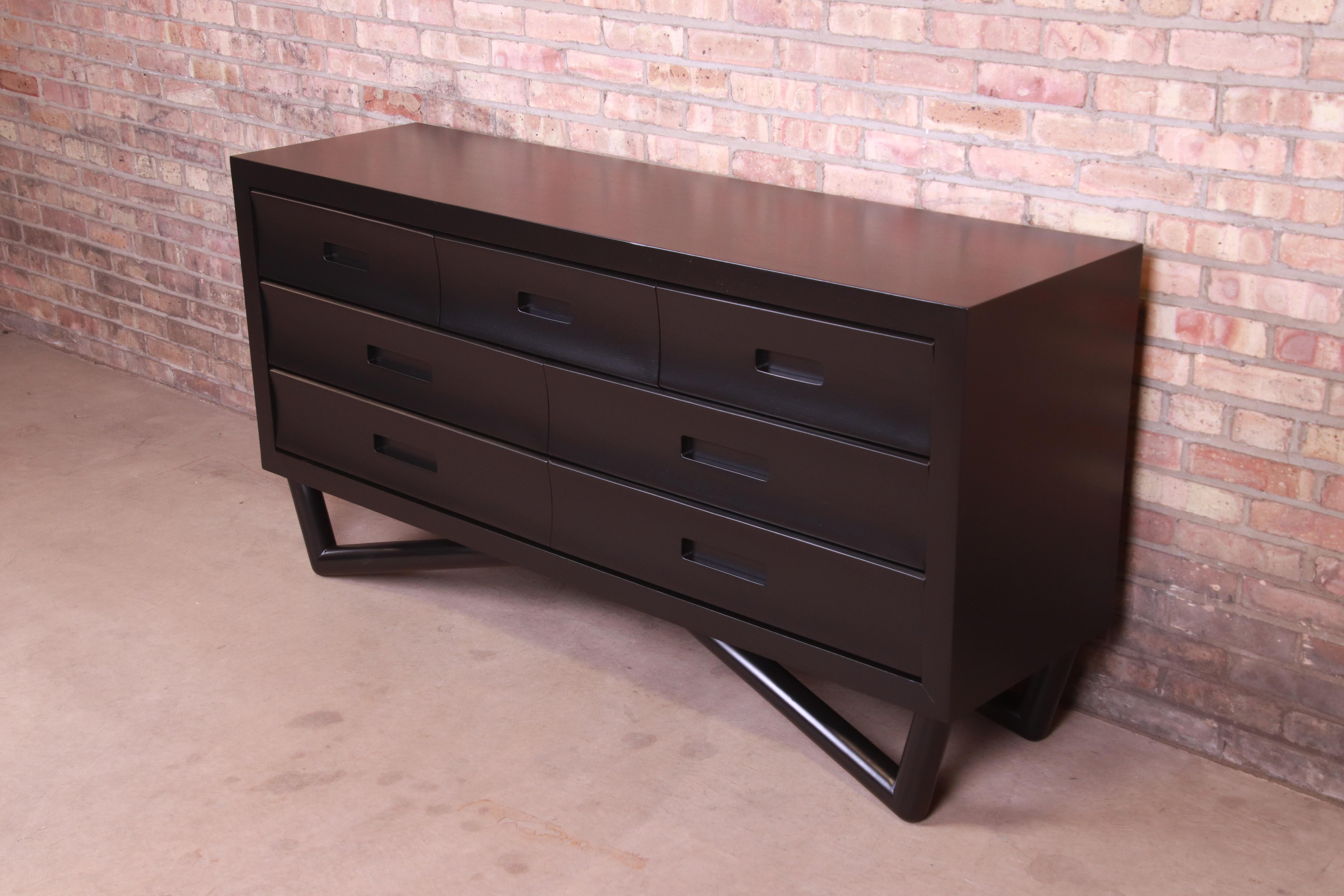 20th Century Mid-Century Modern Black Lacquered Long Dresser or Credenza, Newly Refinished