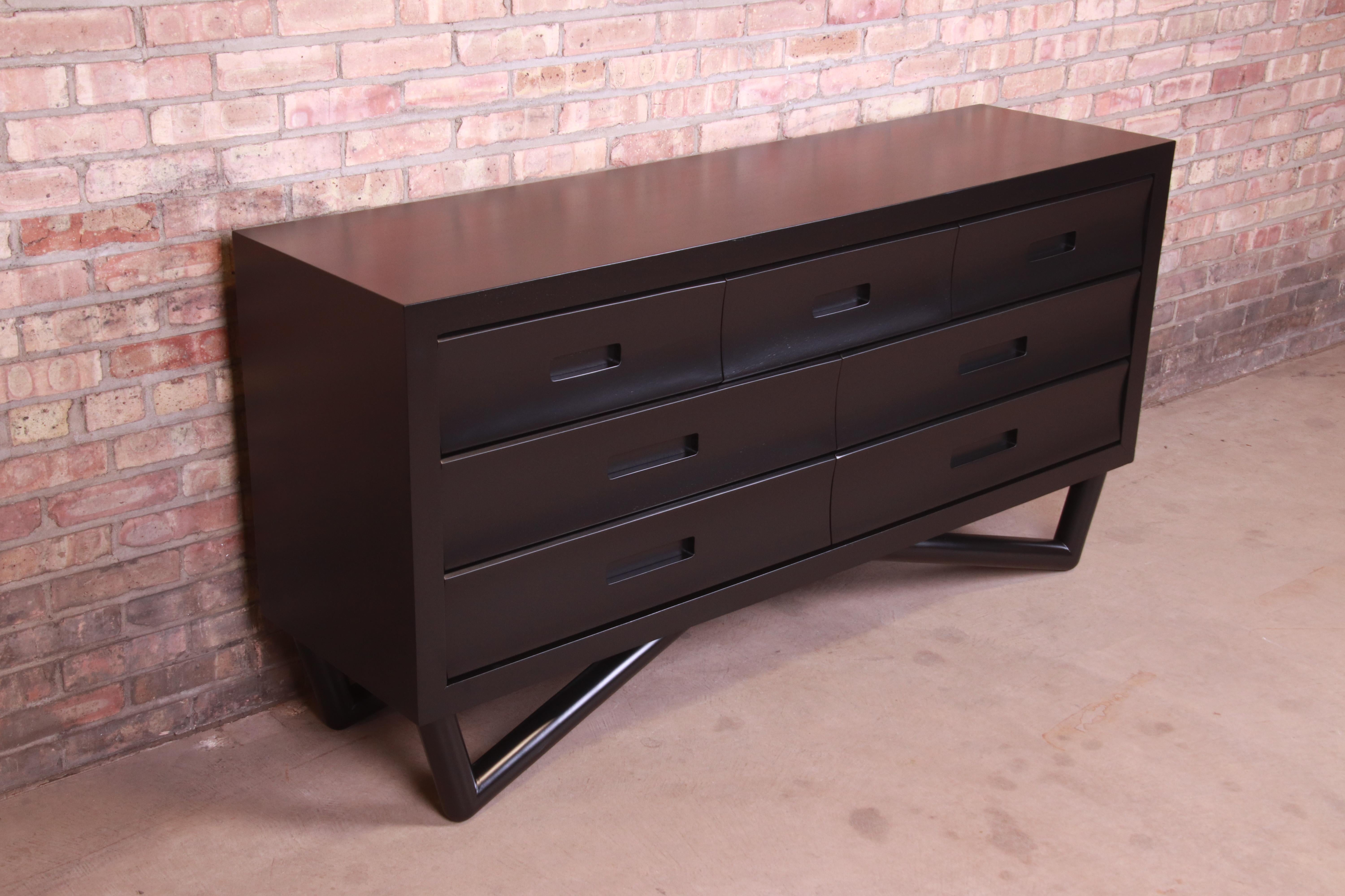 Walnut Mid-Century Modern Black Lacquered Long Dresser or Credenza, Newly Refinished