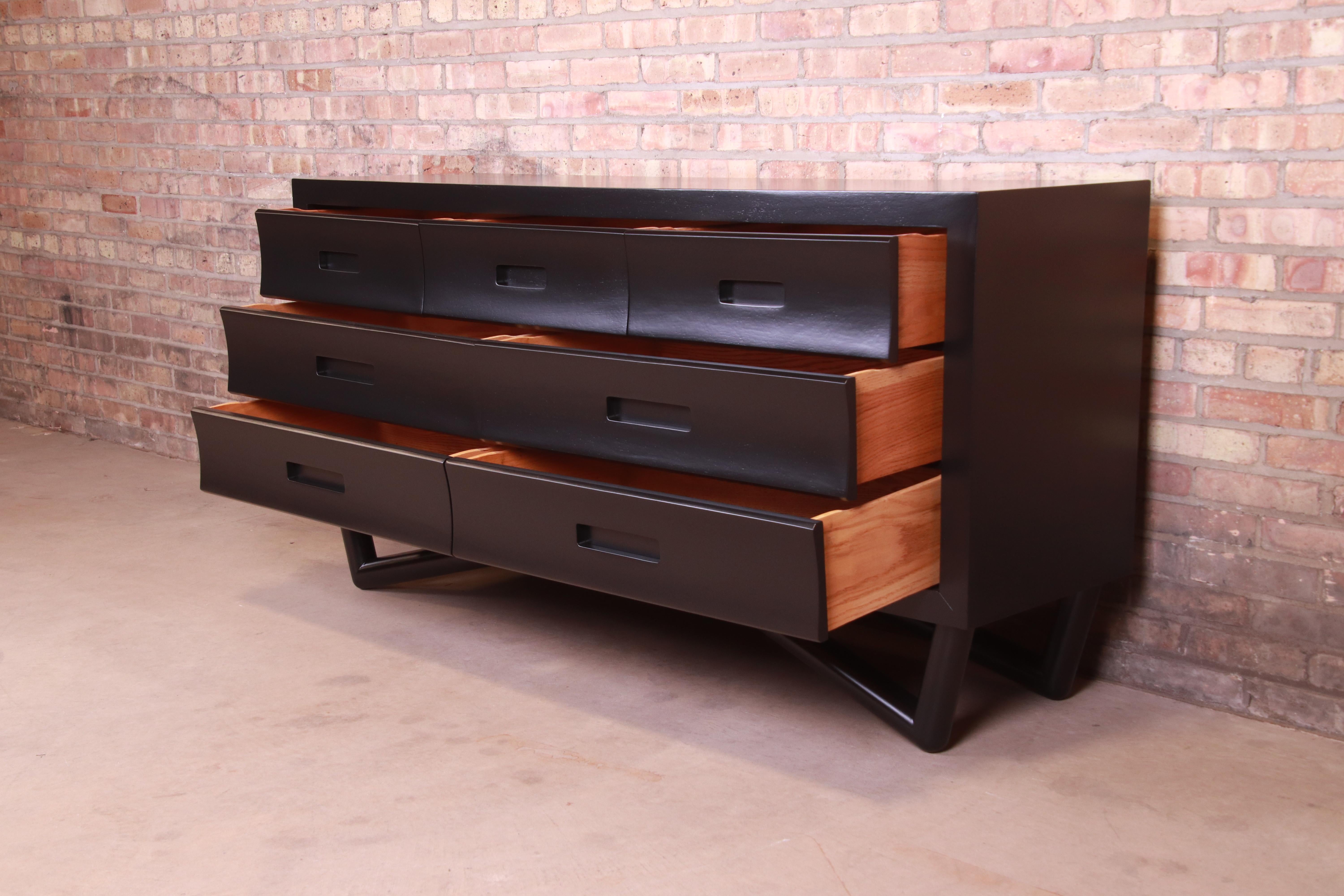 Mid-Century Modern Black Lacquered Long Dresser or Credenza, Newly Refinished 1