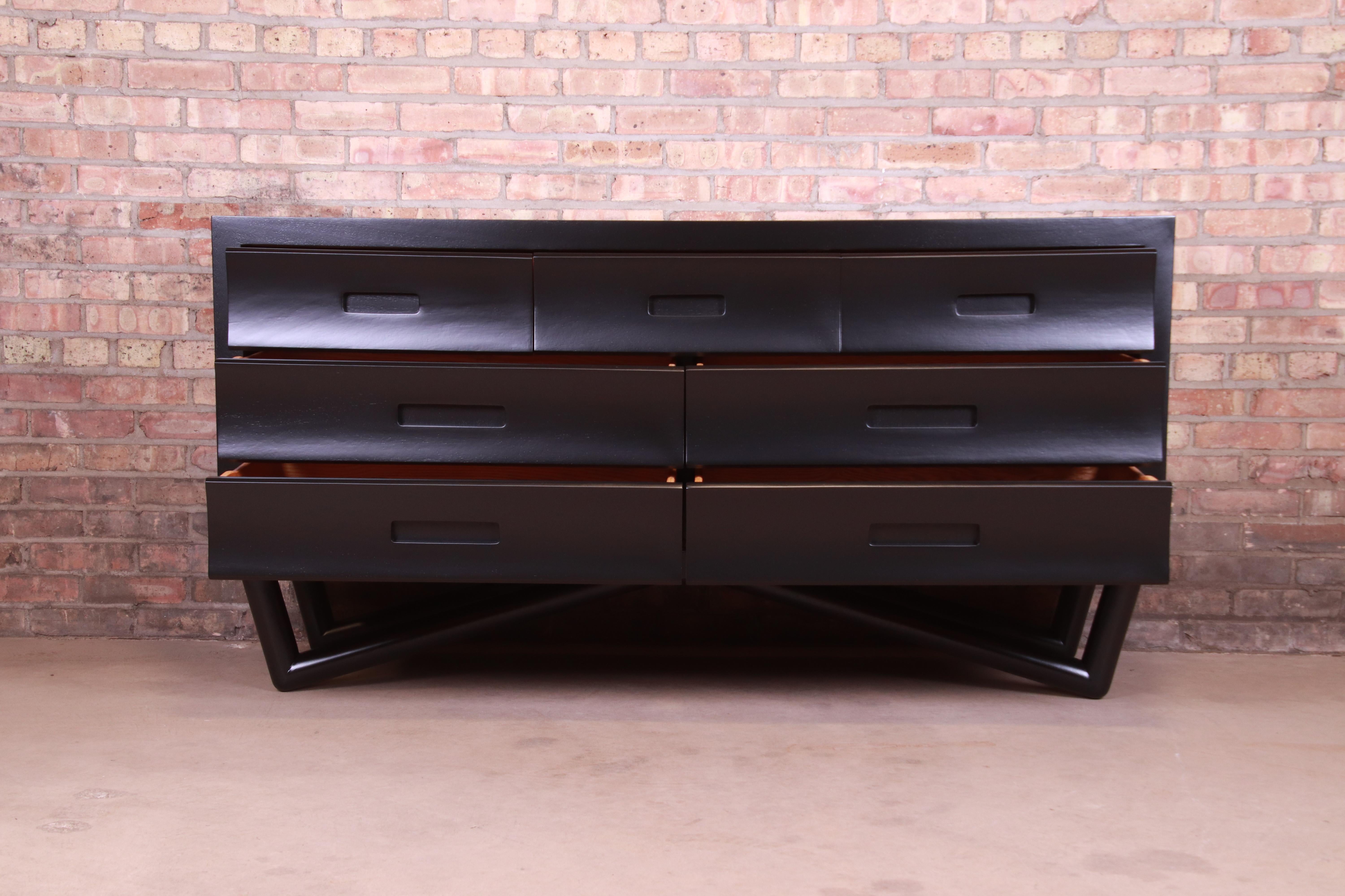 Mid-Century Modern Black Lacquered Long Dresser or Credenza, Newly Refinished 2