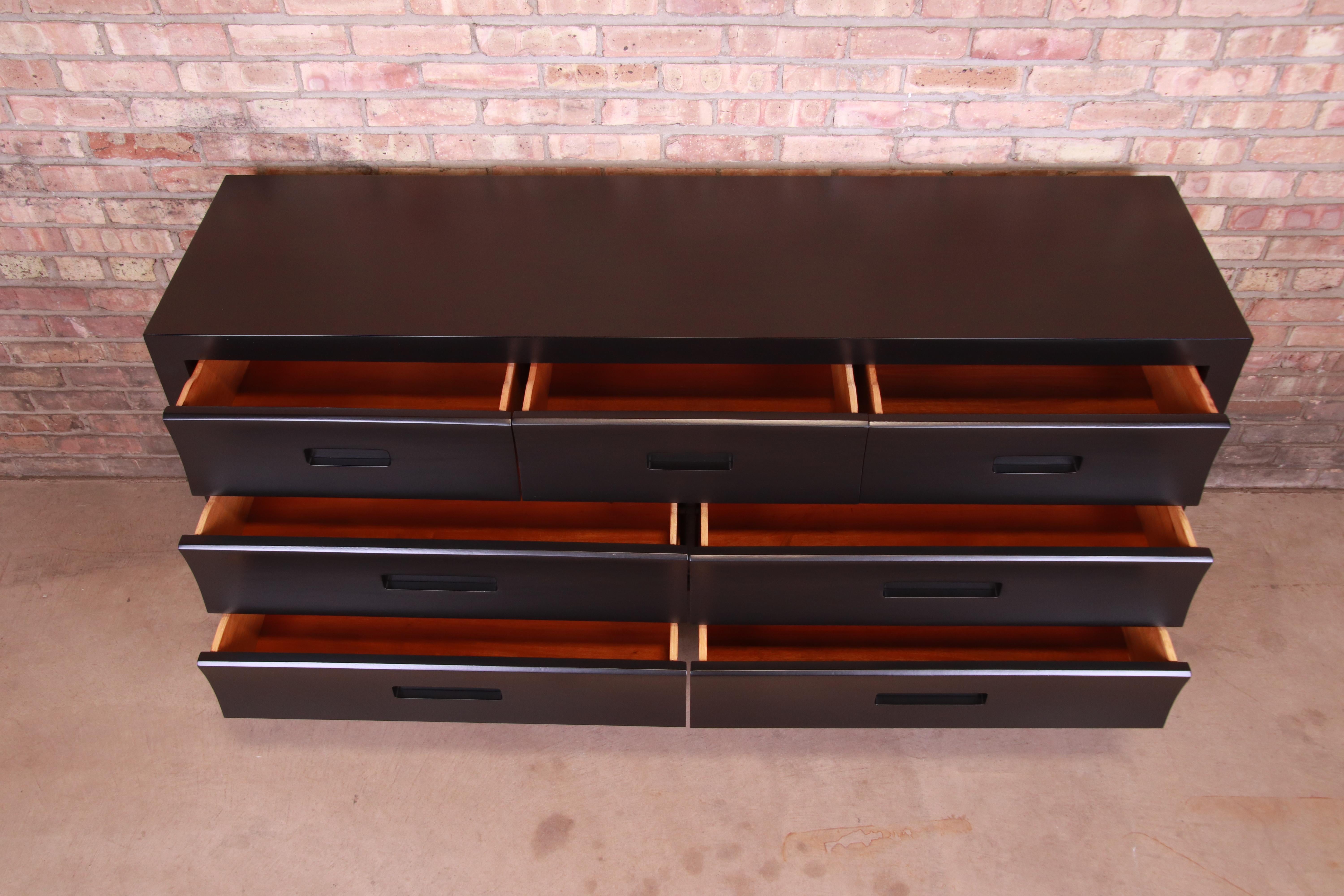 Mid-Century Modern Black Lacquered Long Dresser or Credenza, Newly Refinished 3