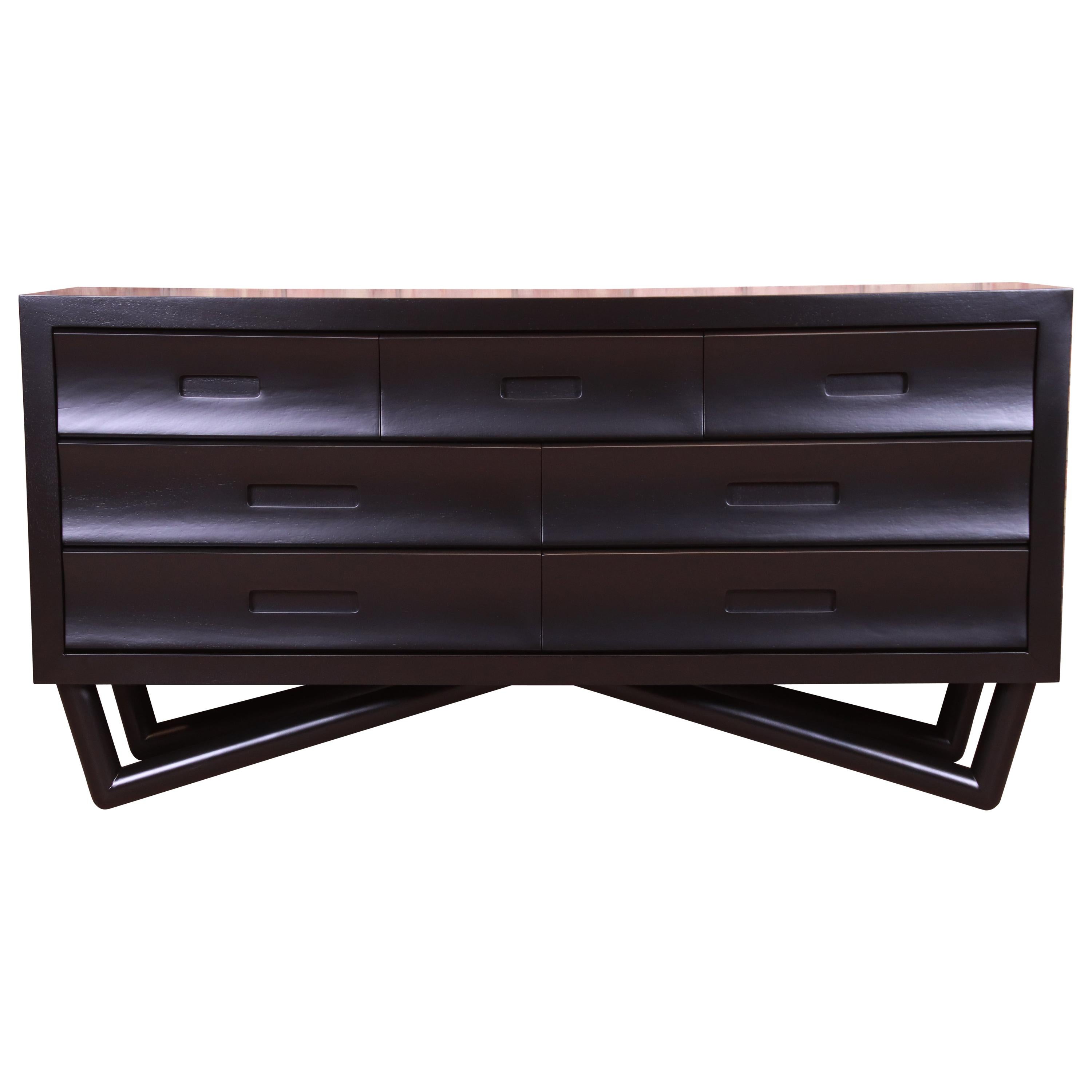 Mid-Century Modern Black Lacquered Long Dresser or Credenza, Newly Refinished