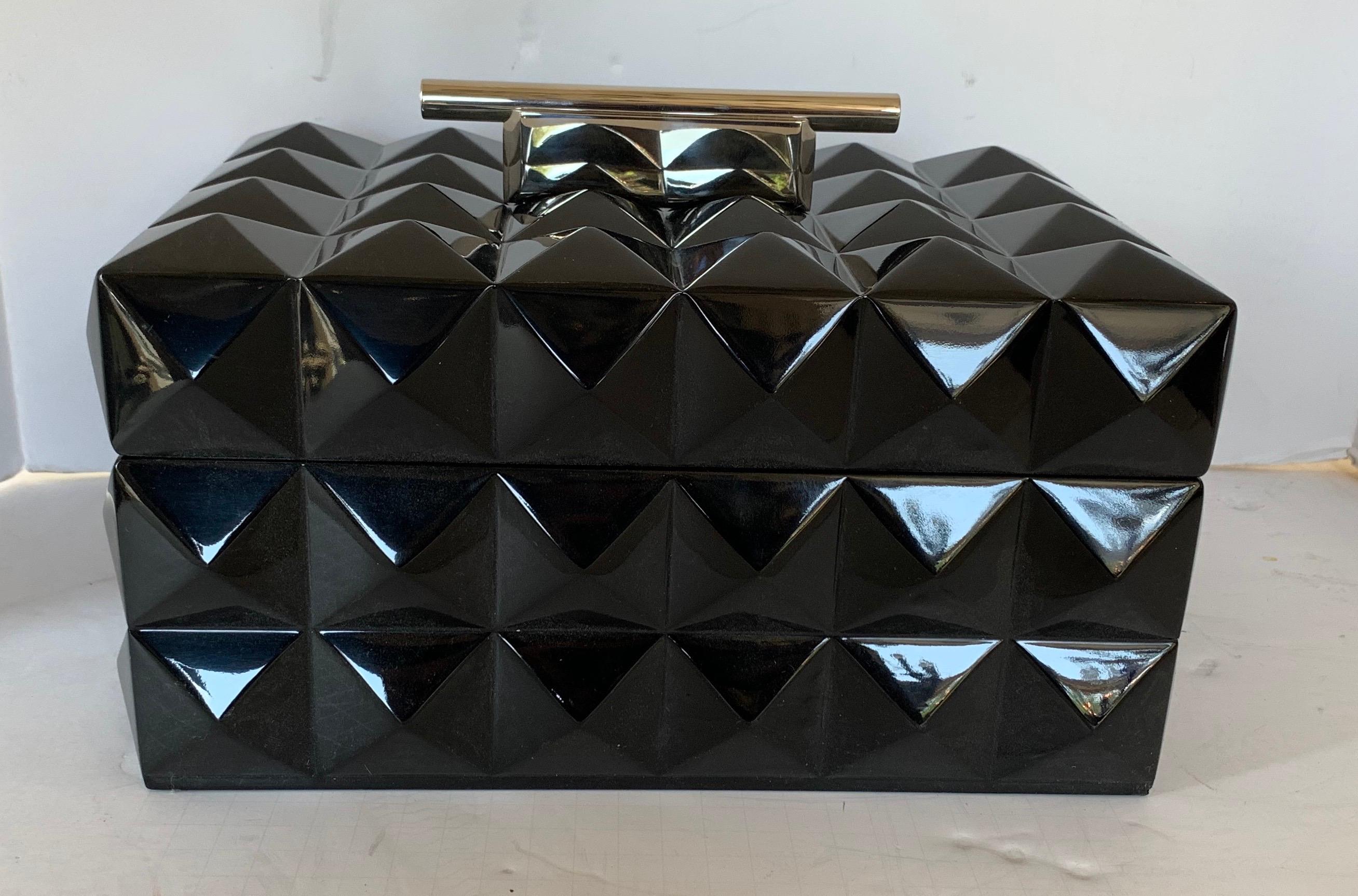 Polished Mid-Century Modern Black Lacquered Nickel Lorin Marsh Quilted Transitional Box