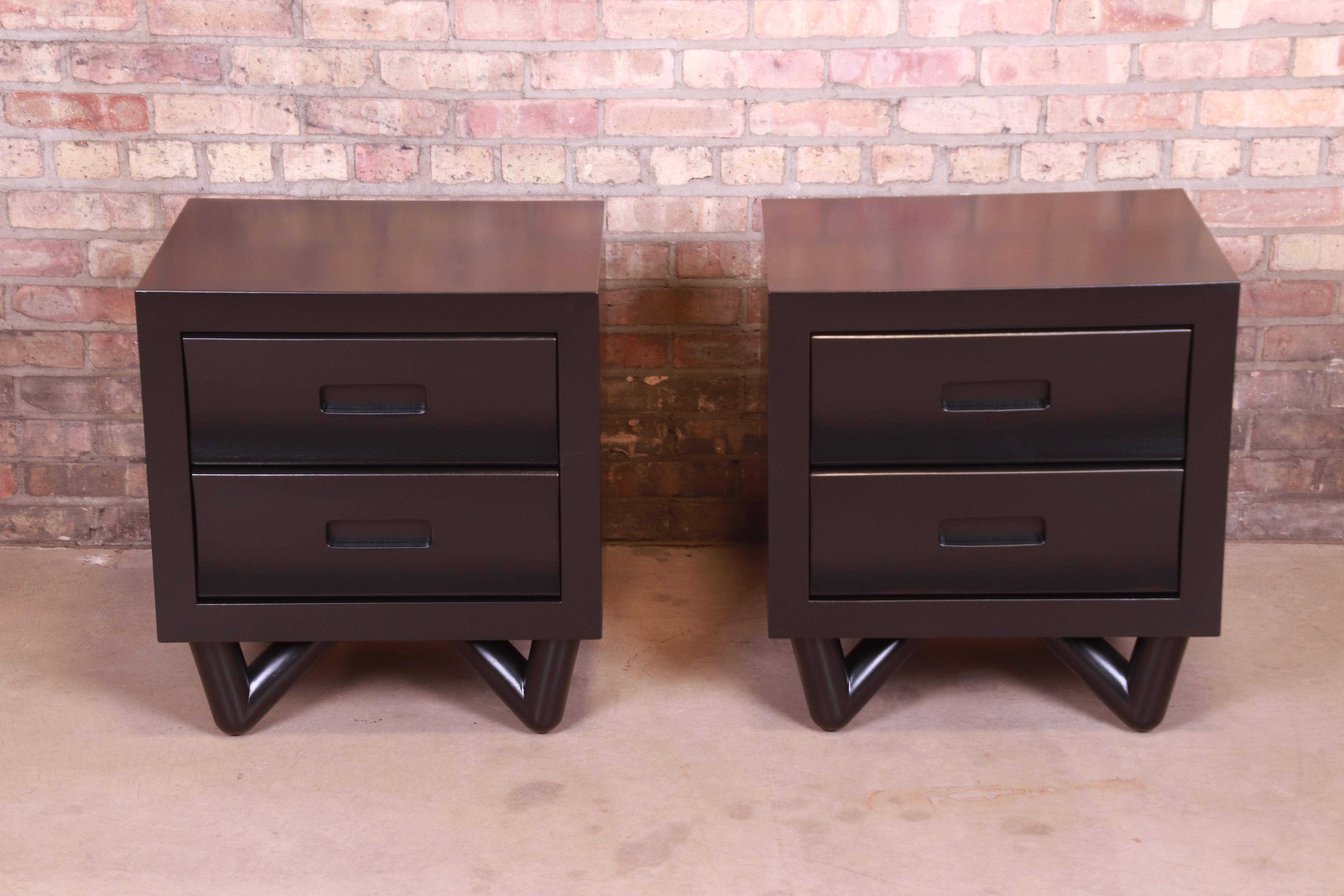 American Mid-Century Modern Black Lacquered Nightstands, Newly Refinished