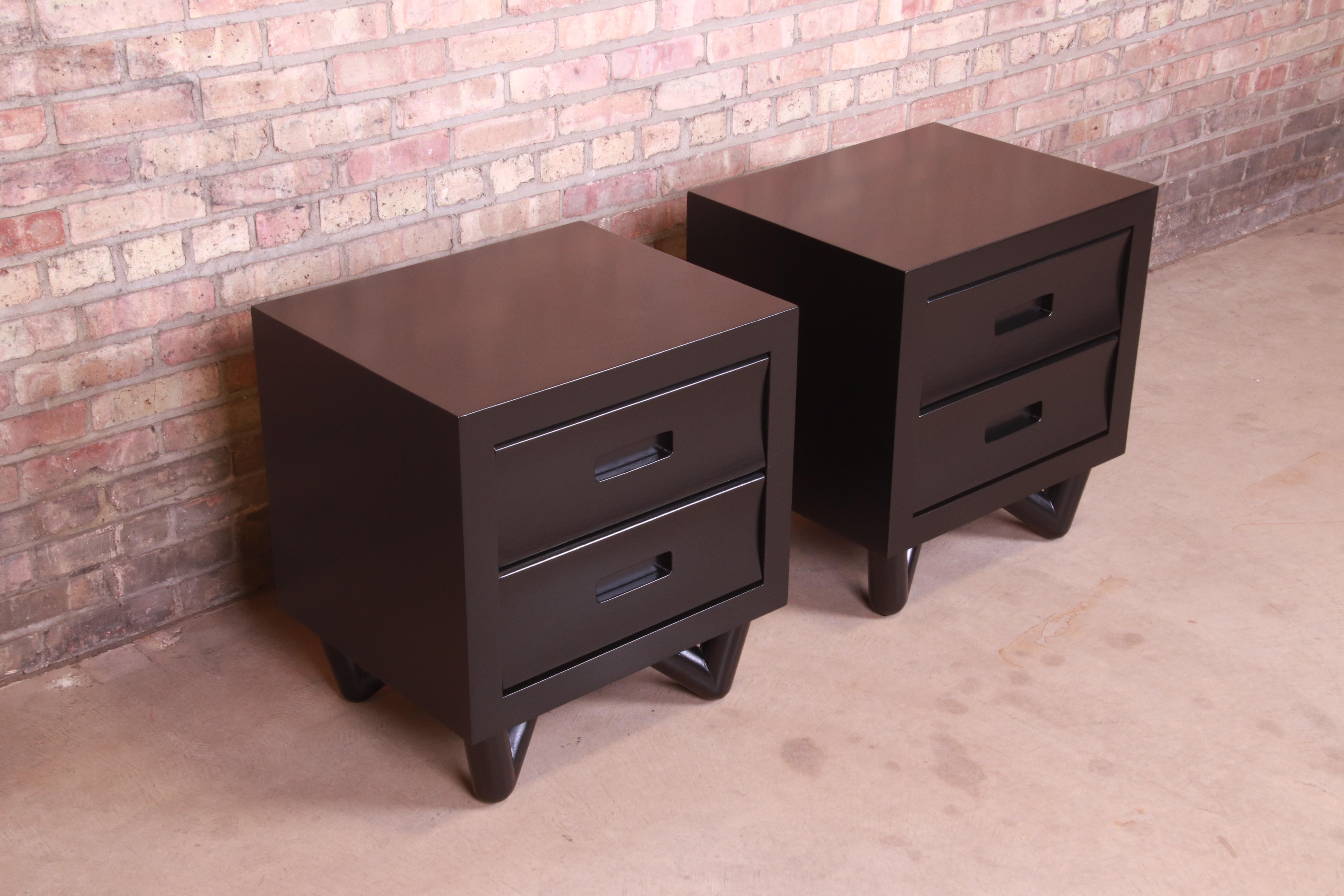 20th Century Mid-Century Modern Black Lacquered Nightstands, Newly Refinished