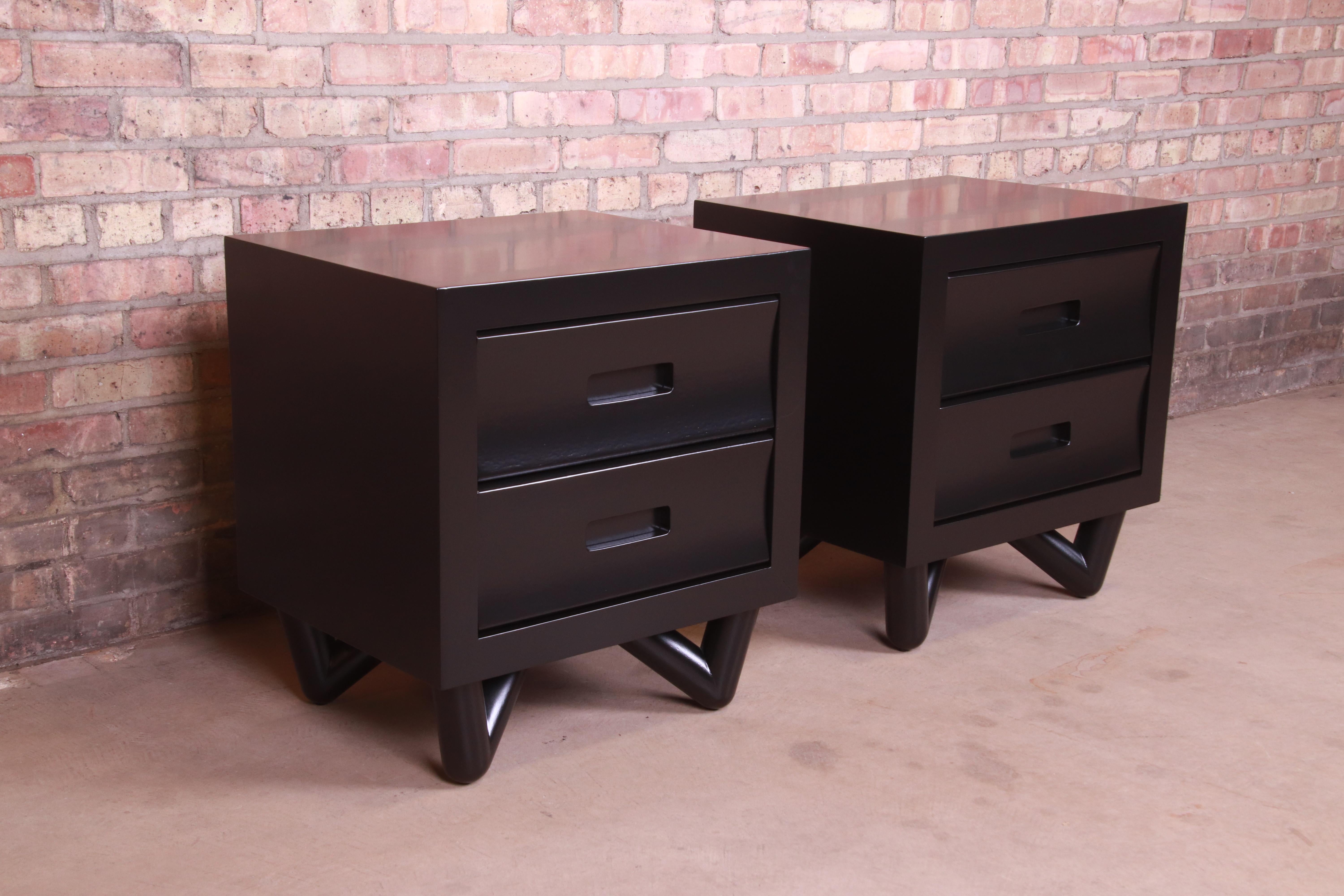 Walnut Mid-Century Modern Black Lacquered Nightstands, Newly Refinished