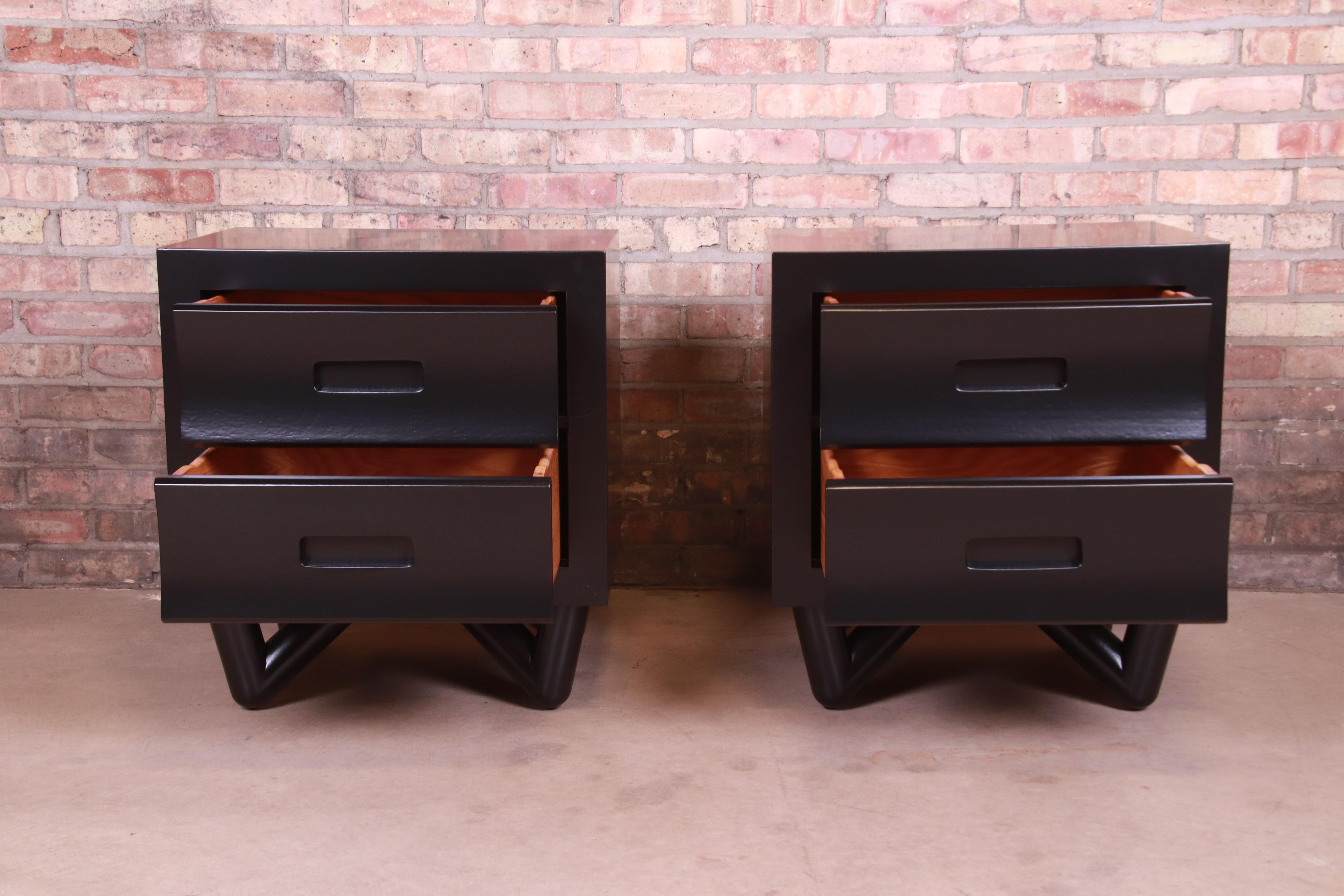 Mid-Century Modern Black Lacquered Nightstands, Newly Refinished 2