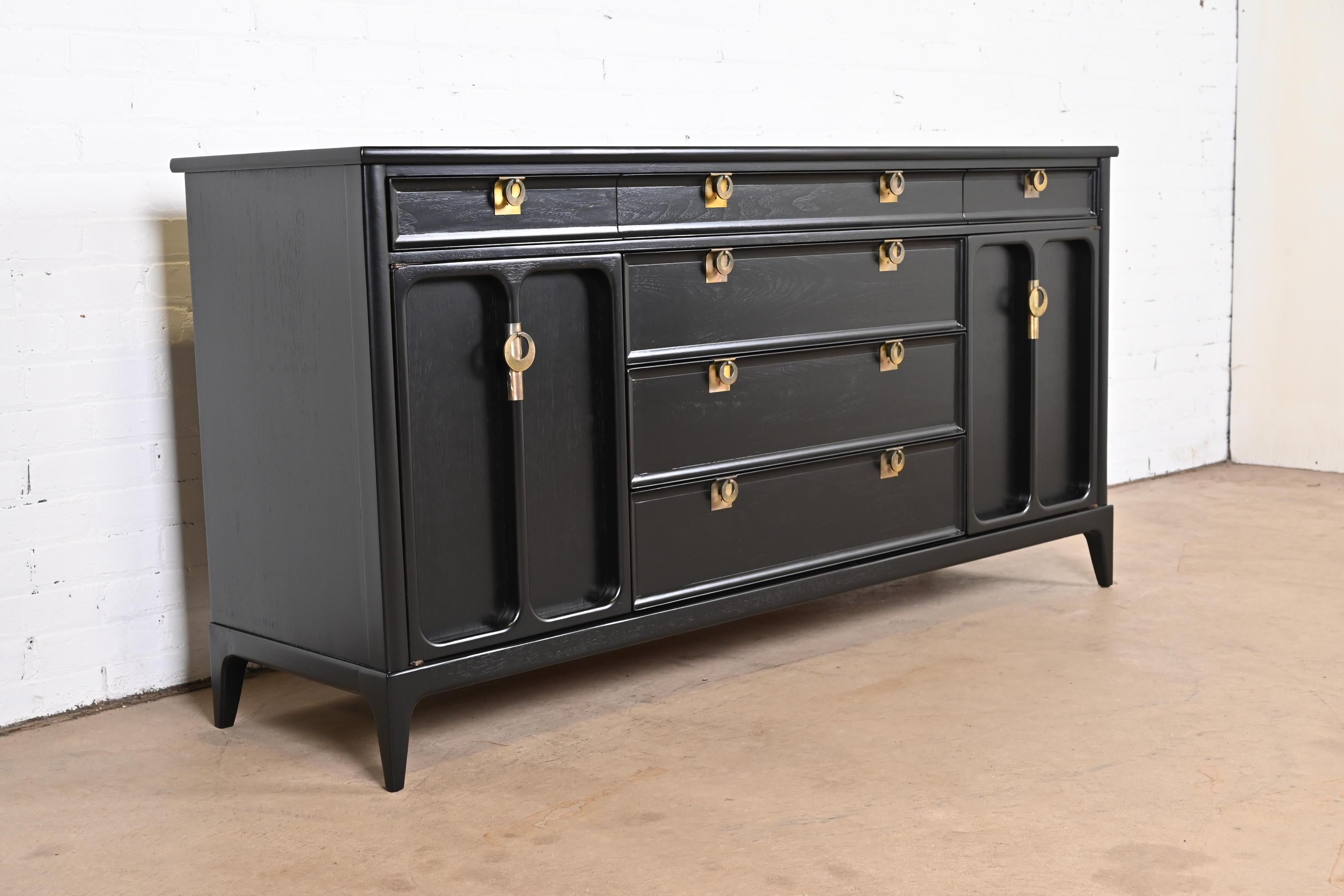 Brass Mid-Century Modern Black Lacquered Sideboard by White Furniture, Refinished