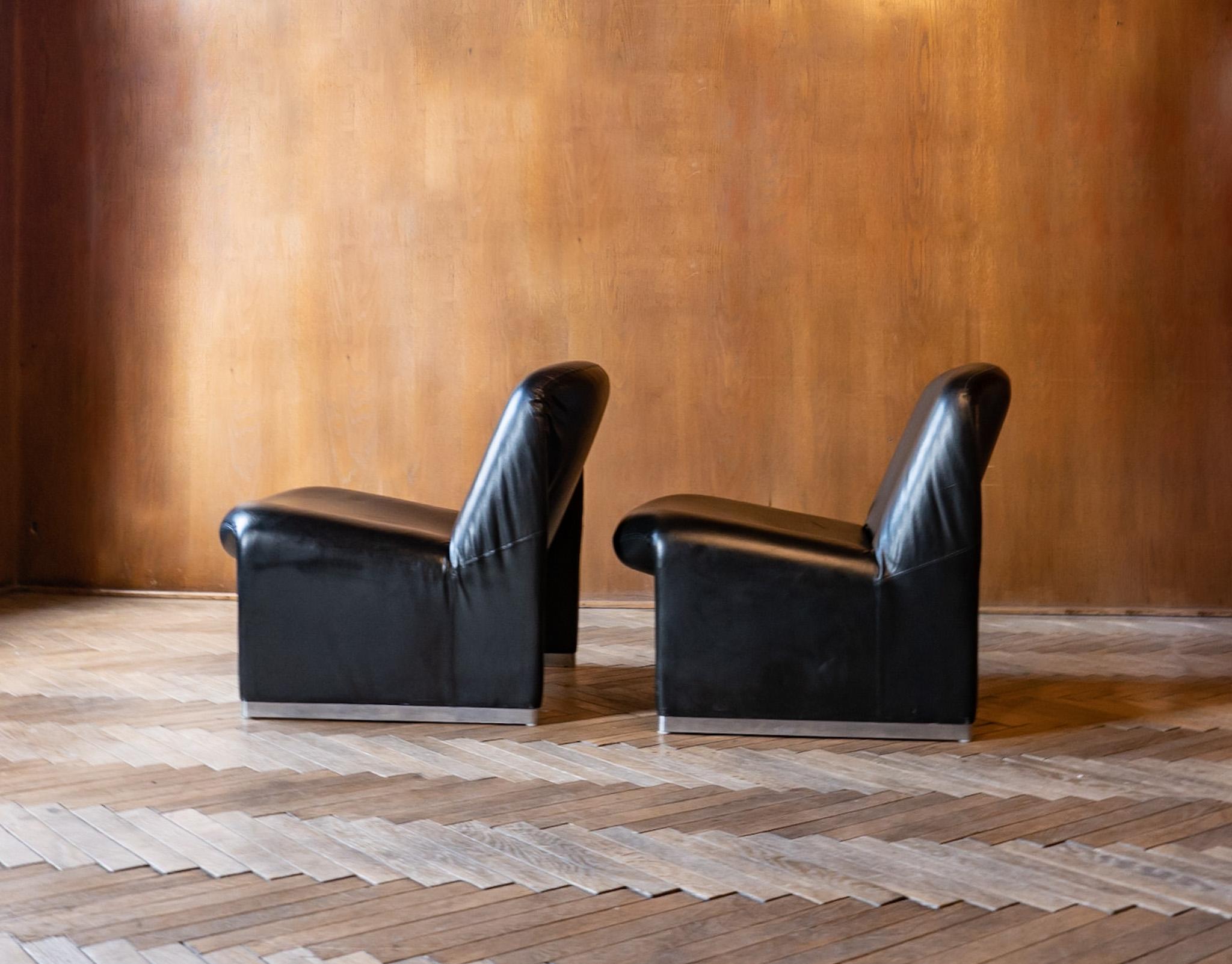 Late 20th Century Mid-Century Modern Black Leather Alky Chairs 2 by Giancarlo Piretti, Italy 1970s