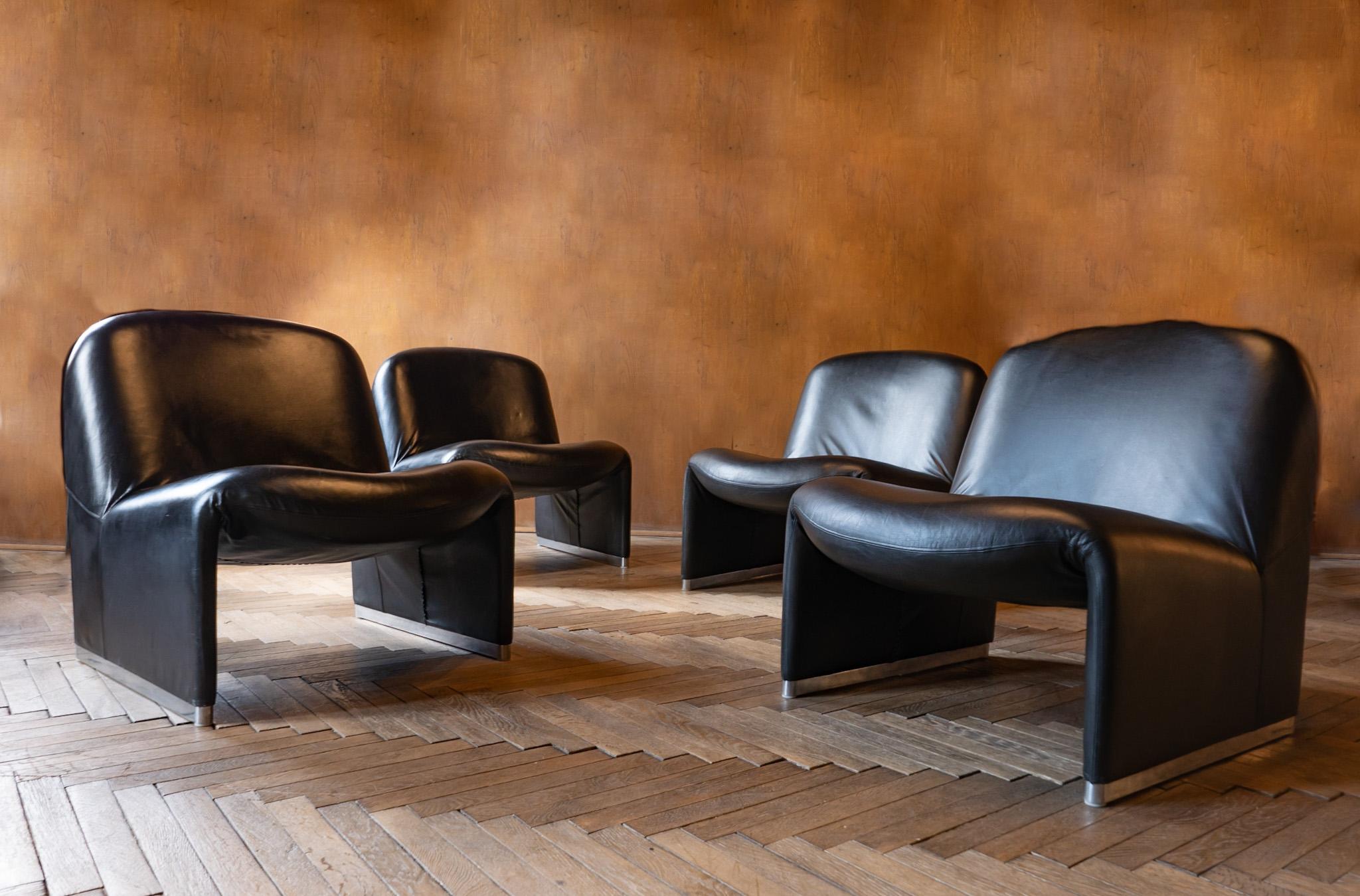 Italian Mid-Century Modern Black Leather Alky Chairs by Giancarlo Piretti, Italy, 1970s