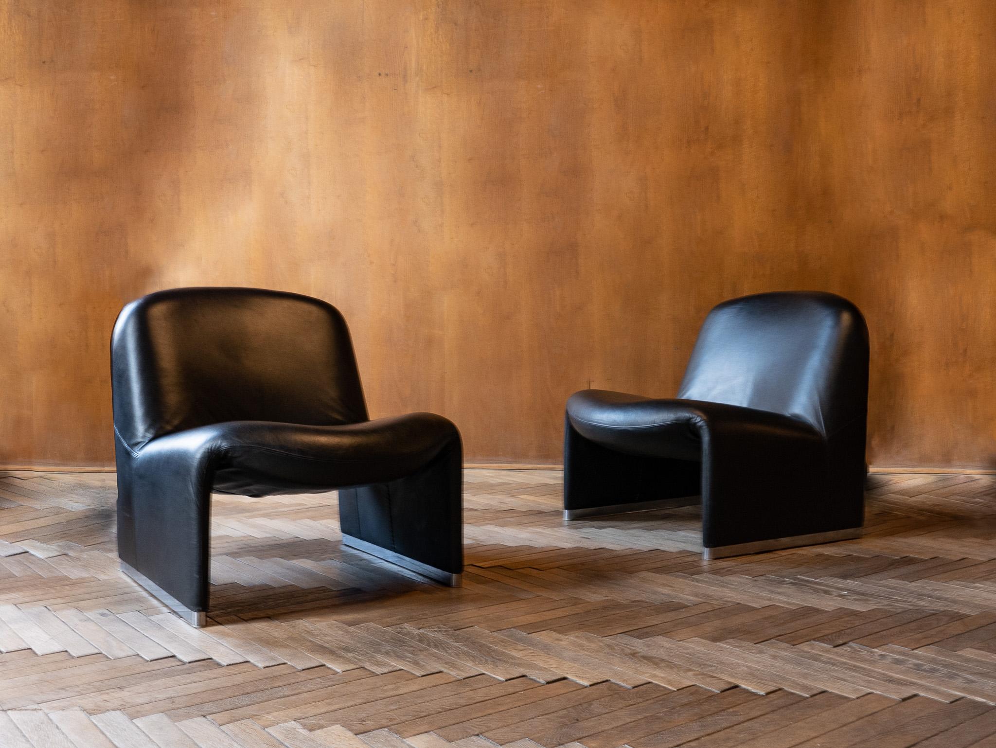 Aluminum Mid-Century Modern Black Leather Alky Chairs by Giancarlo Piretti, Italy, 1970s
