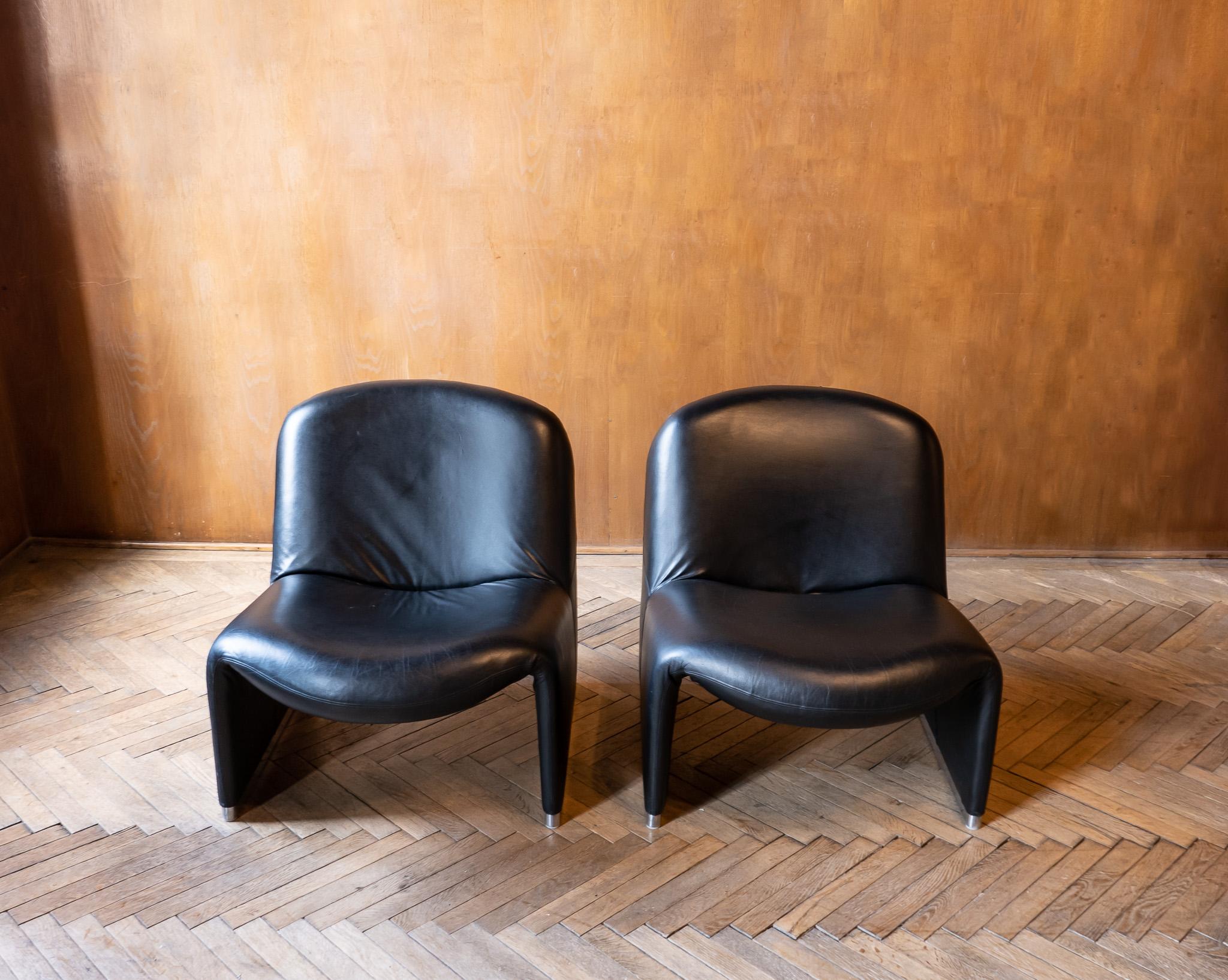 Mid-Century Modern Black Leather Alky Chairs by Giancarlo Piretti, Italy, 1970s 1