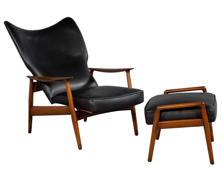 MidCentury Modern Black Leather Armchair Recliner with Matching