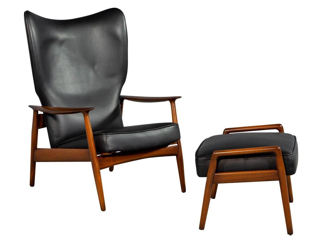 Danish Mid-Century Modern Black Leather Armchair Recliner with Matching Ottoman