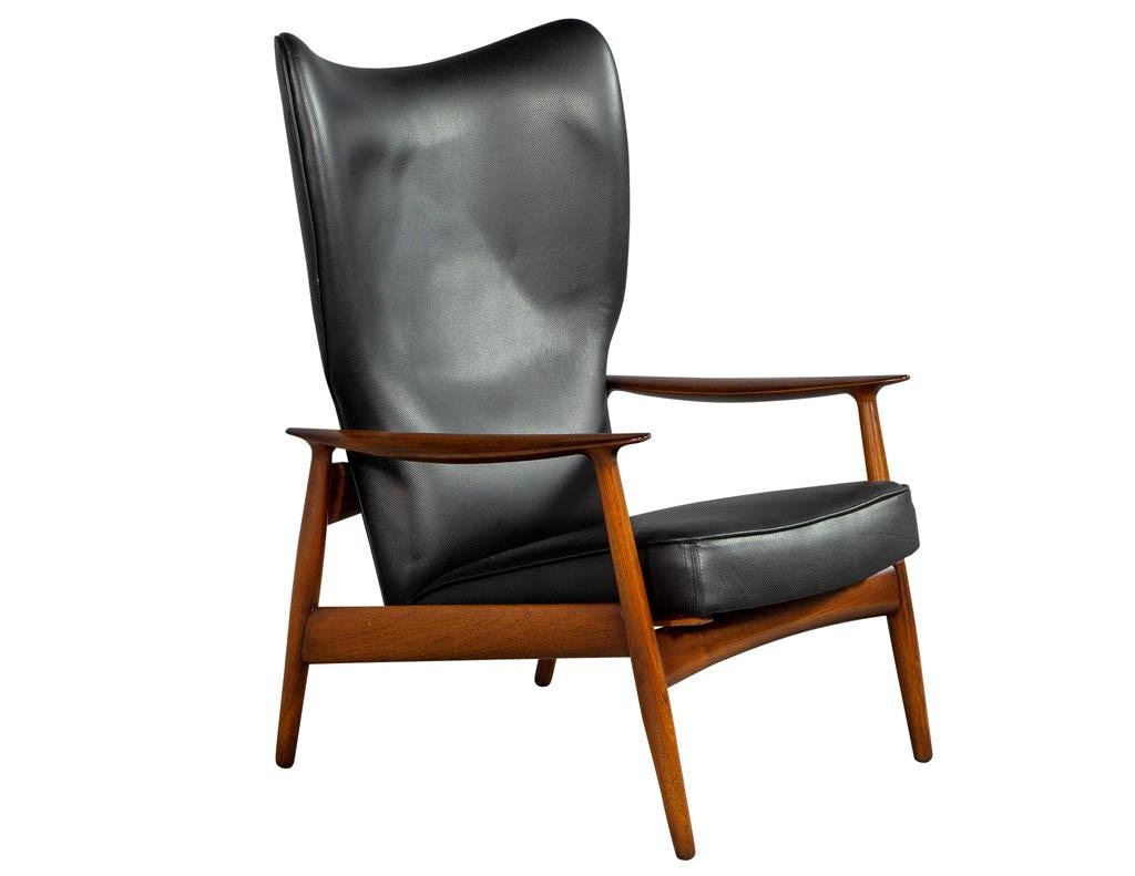 Mid-Century Modern Black Leather Armchair Recliner with Matching Ottoman 2