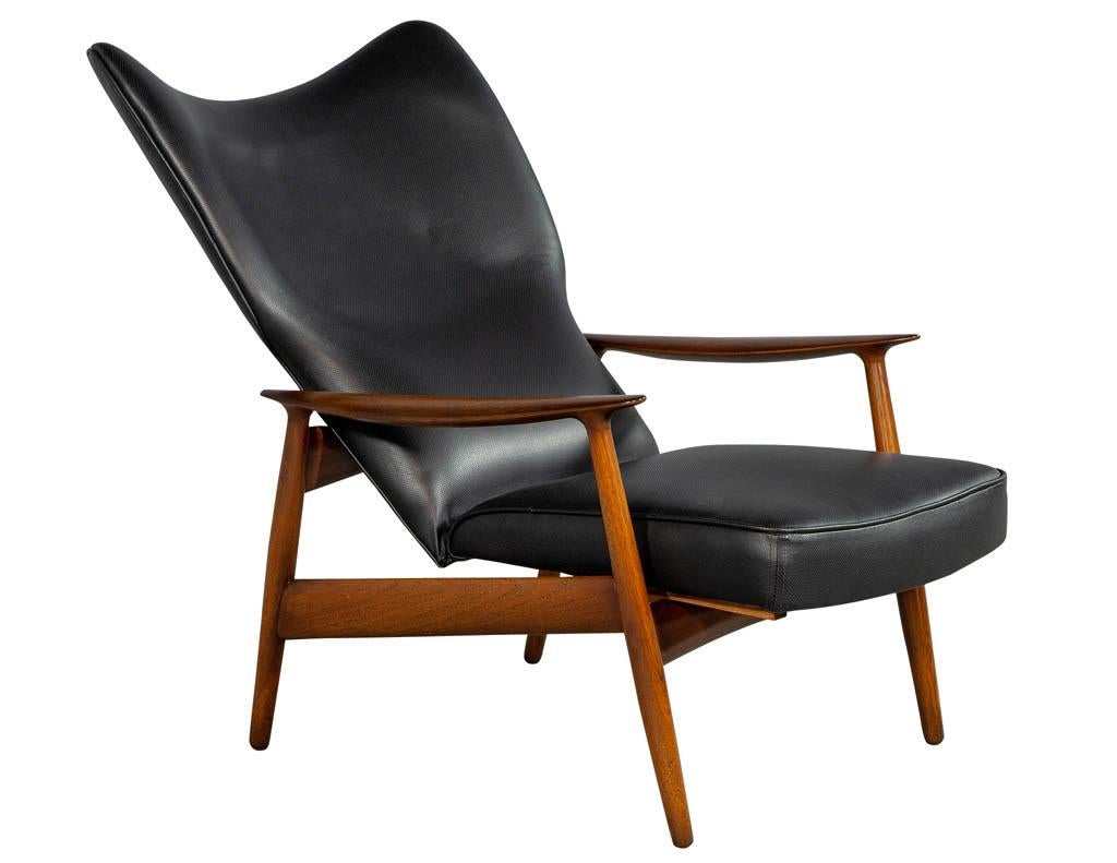 Mid-Century Modern Black Leather Armchair Recliner with Matching Ottoman 3