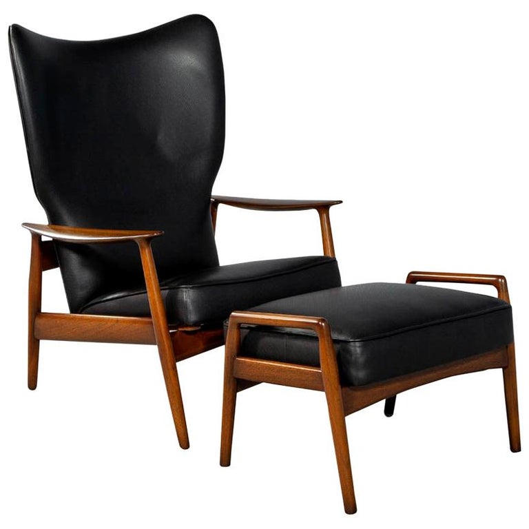 Mid Century Modern Black Leather, Black Leather Armchair With Ottoman