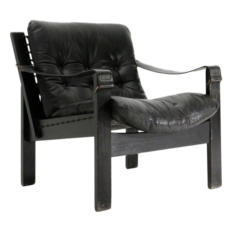 Mid-Century Modern Black Leather Armchair, 1970s For Sale