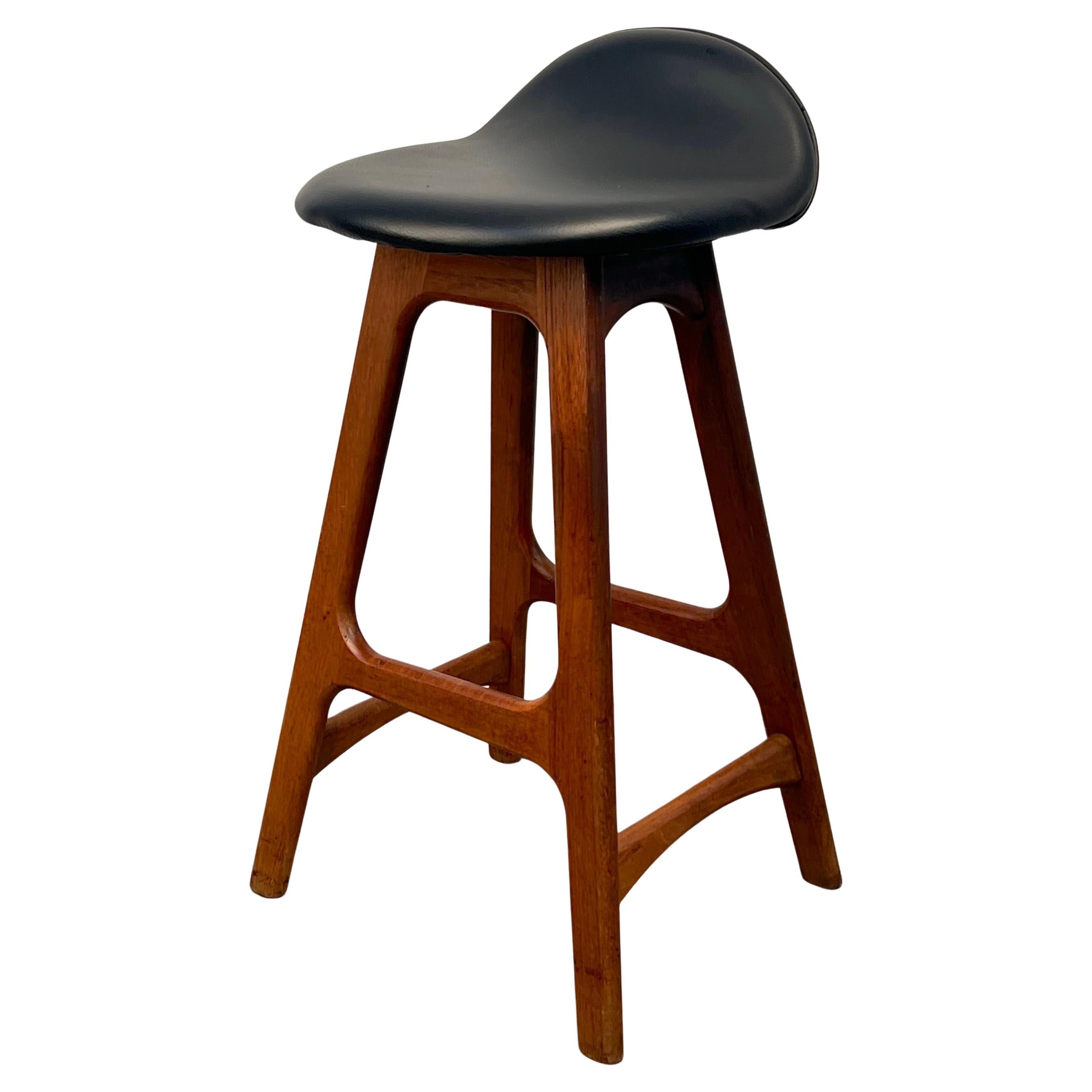Mid-Century Modern Black Leather Barstool
