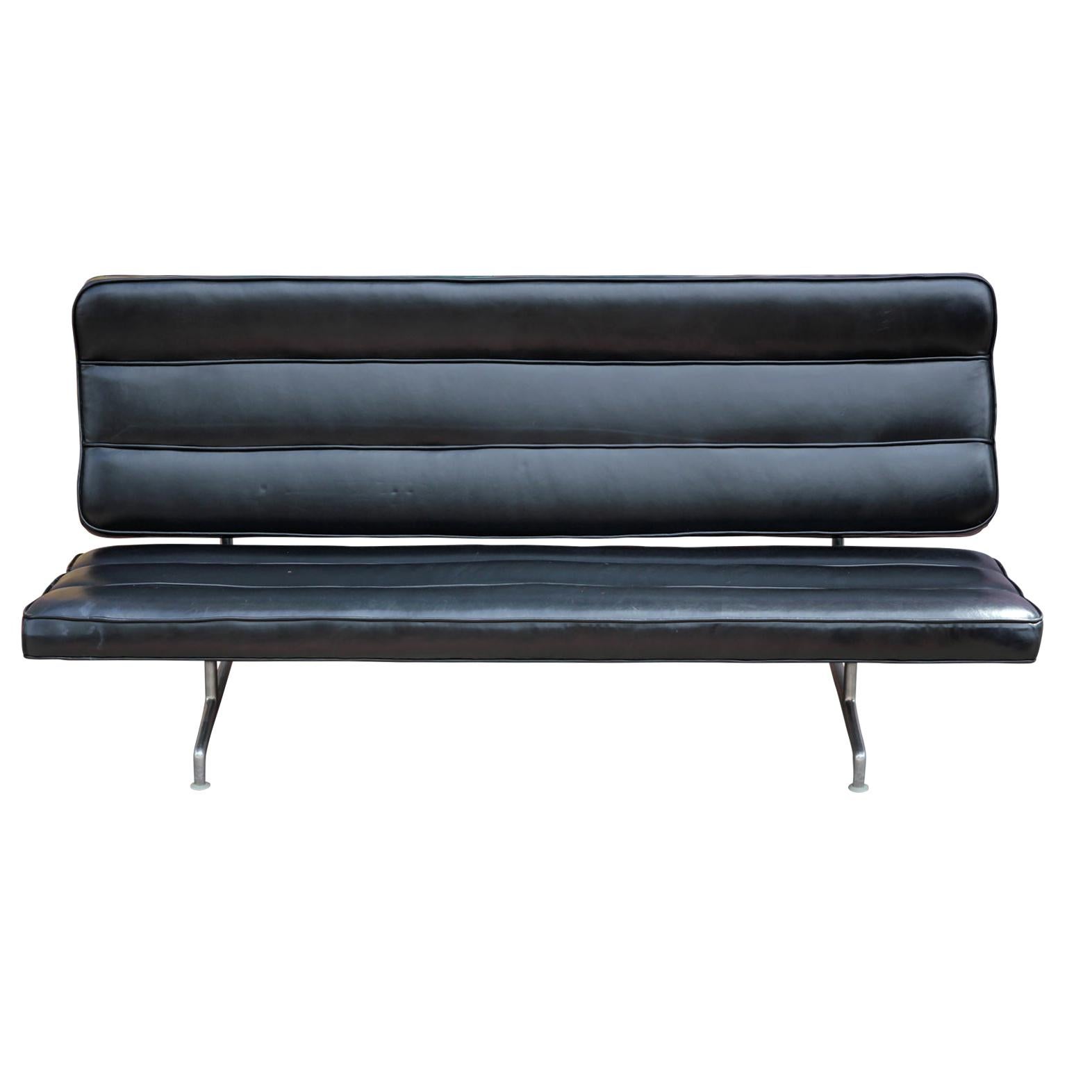 Mid-Century Modern Black Leather Eames Model 3473 Sofa for Herman Miller