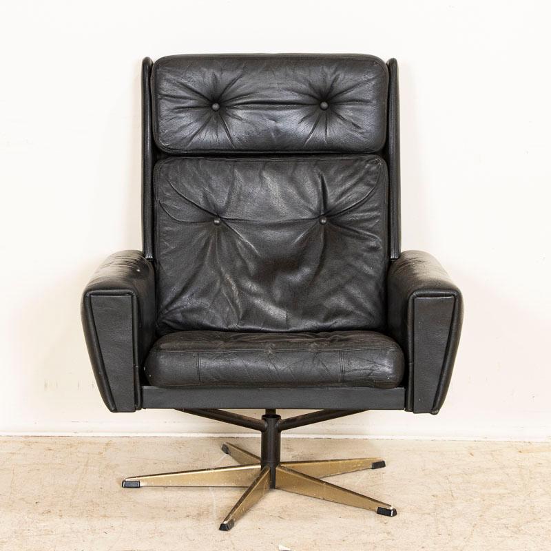 Danish Mid Century Modern Black Leather High Back Swivel Arm Chair from Denmark For Sale