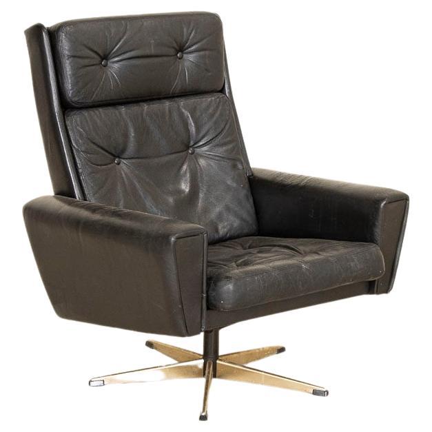 Mid Century Modern Black Leather High Back Swivel Arm Chair from Denmark For Sale