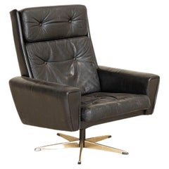 Retro Mid Century Modern Black Leather High Back Swivel Arm Chair from Denmark