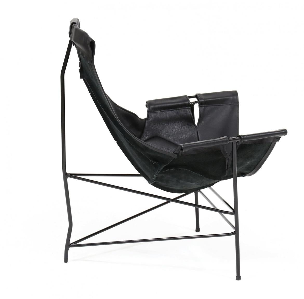 Mid-Century Modern Mid century modern black leather iron sling lounge chair by Leathercraft