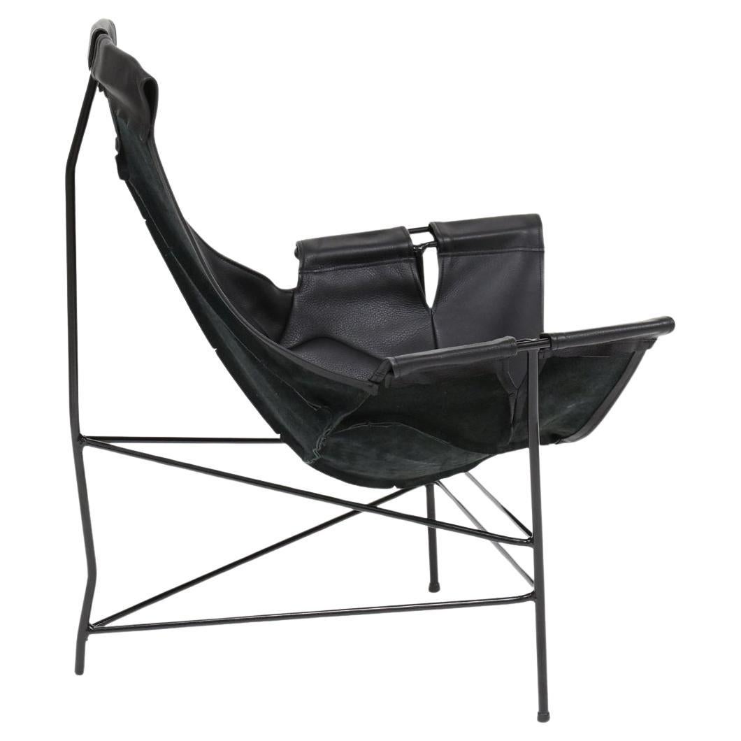 Mid century modern black leather iron sling lounge chair by Leathercraft