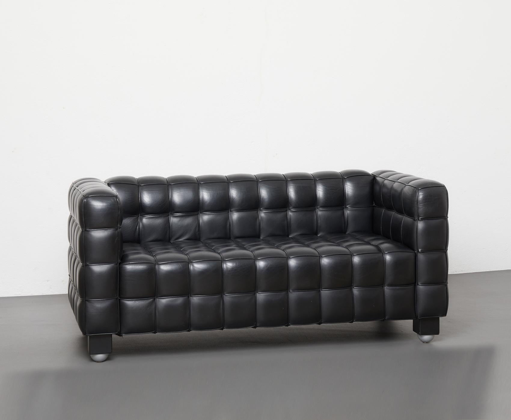 Mid-Century Modern Black Leather Kubus Sofa by Josef Hoffmann, Wittmann c.1980 2