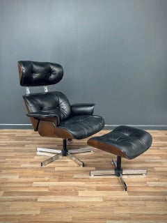 Mid-Century Modern Black Leather Lounge Chair with Ottoman by Plycraft
