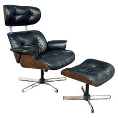 Mid-Century Modern Black Leather Lounge Chair with Ottoman by Plycraft