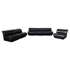 Retro Mid-Century Modern Black Leather Modular Sofa by Doimo Salotti, Italy, 1970s