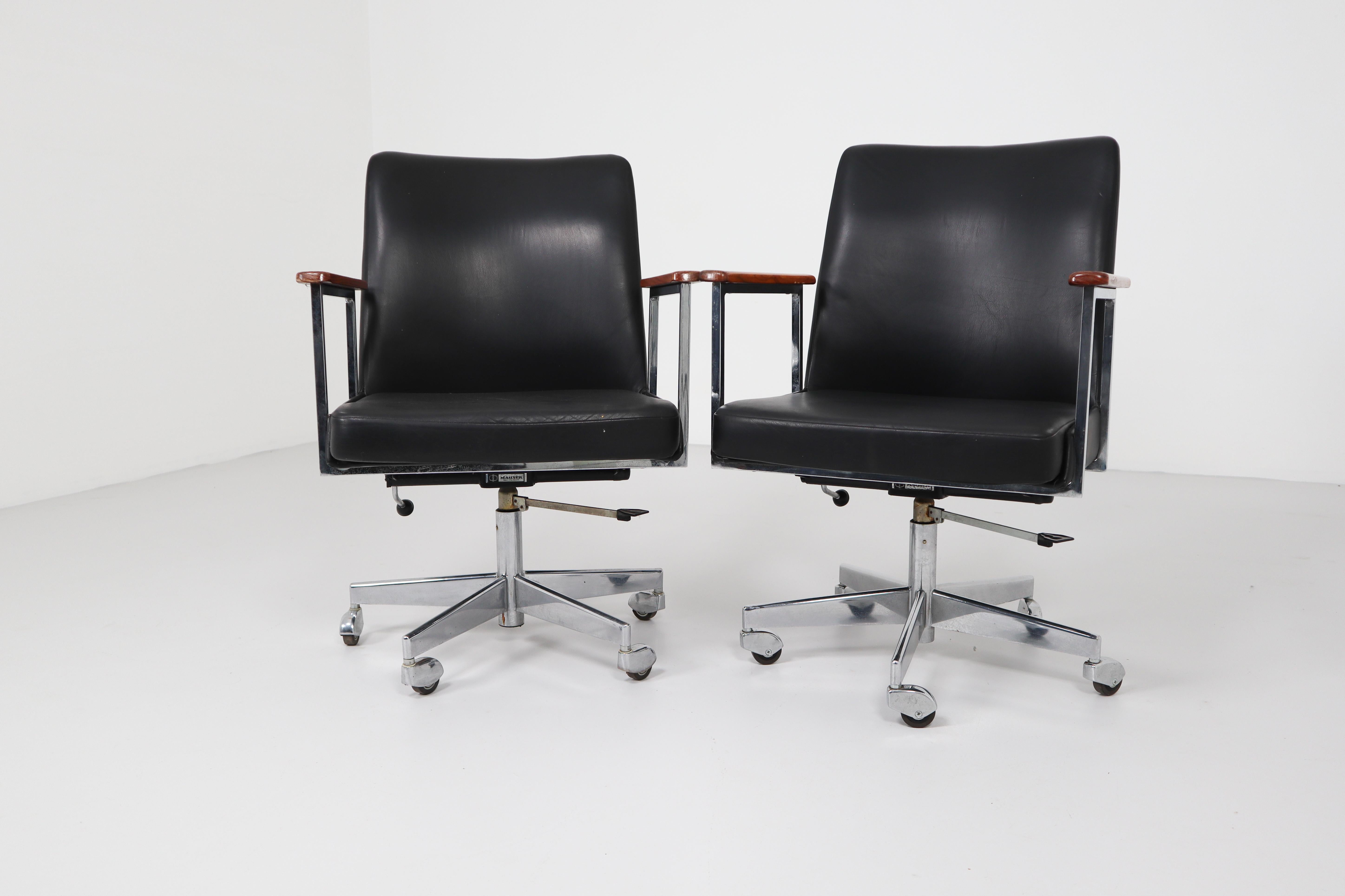 German Mid-Century Modern Black Leather Office Armchairs Manufactured by Mauser 1960s