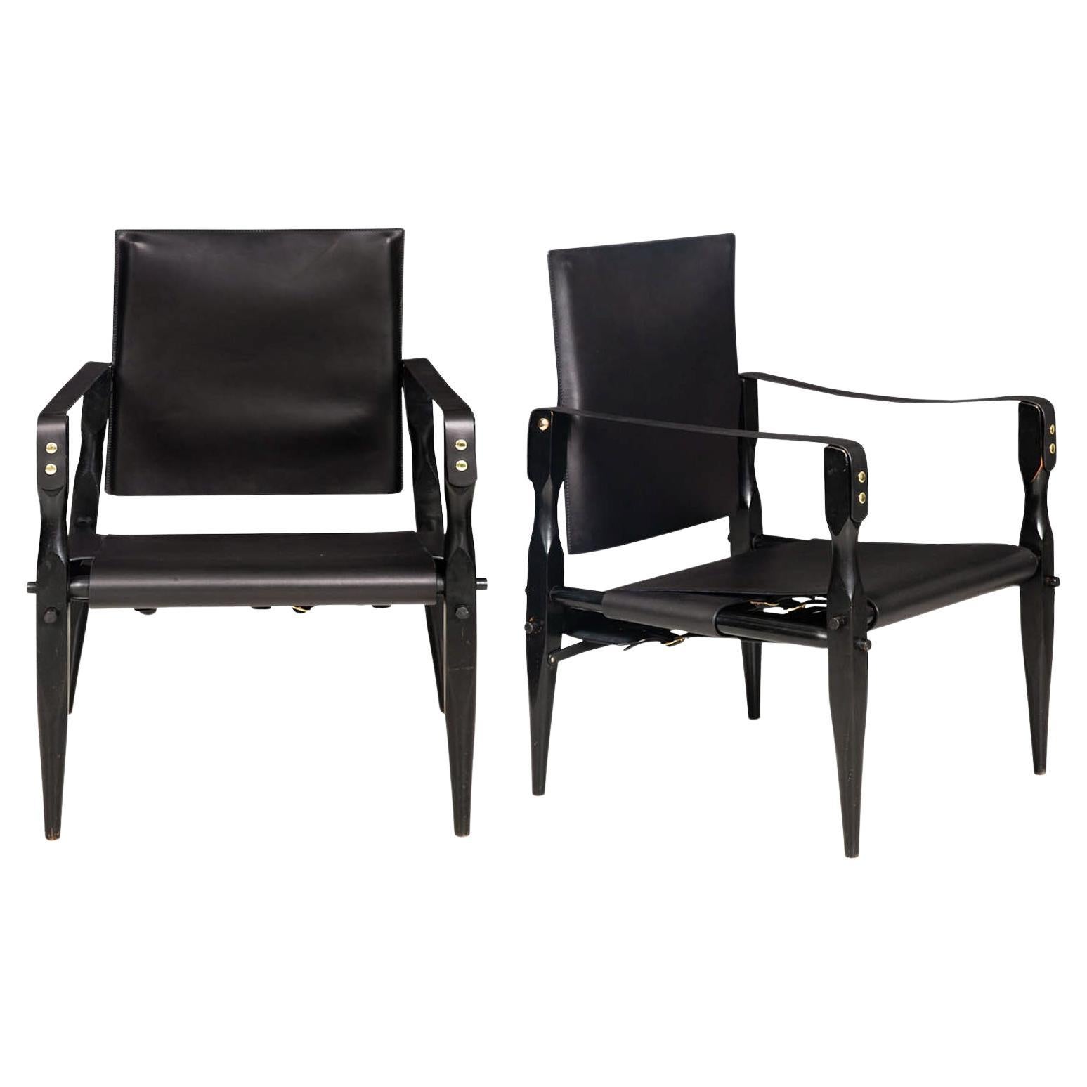 Mid-Century Modern Black Leather “Safari” Chairs attr. Wilhelm Kienzle