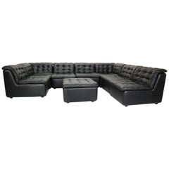 Mid-Century Modern Black Leather Sectional Seven-Seat Sofa, 1970s Mid-Century Modern Black Leather Sectional Seven-Seat Sofa, 1970s