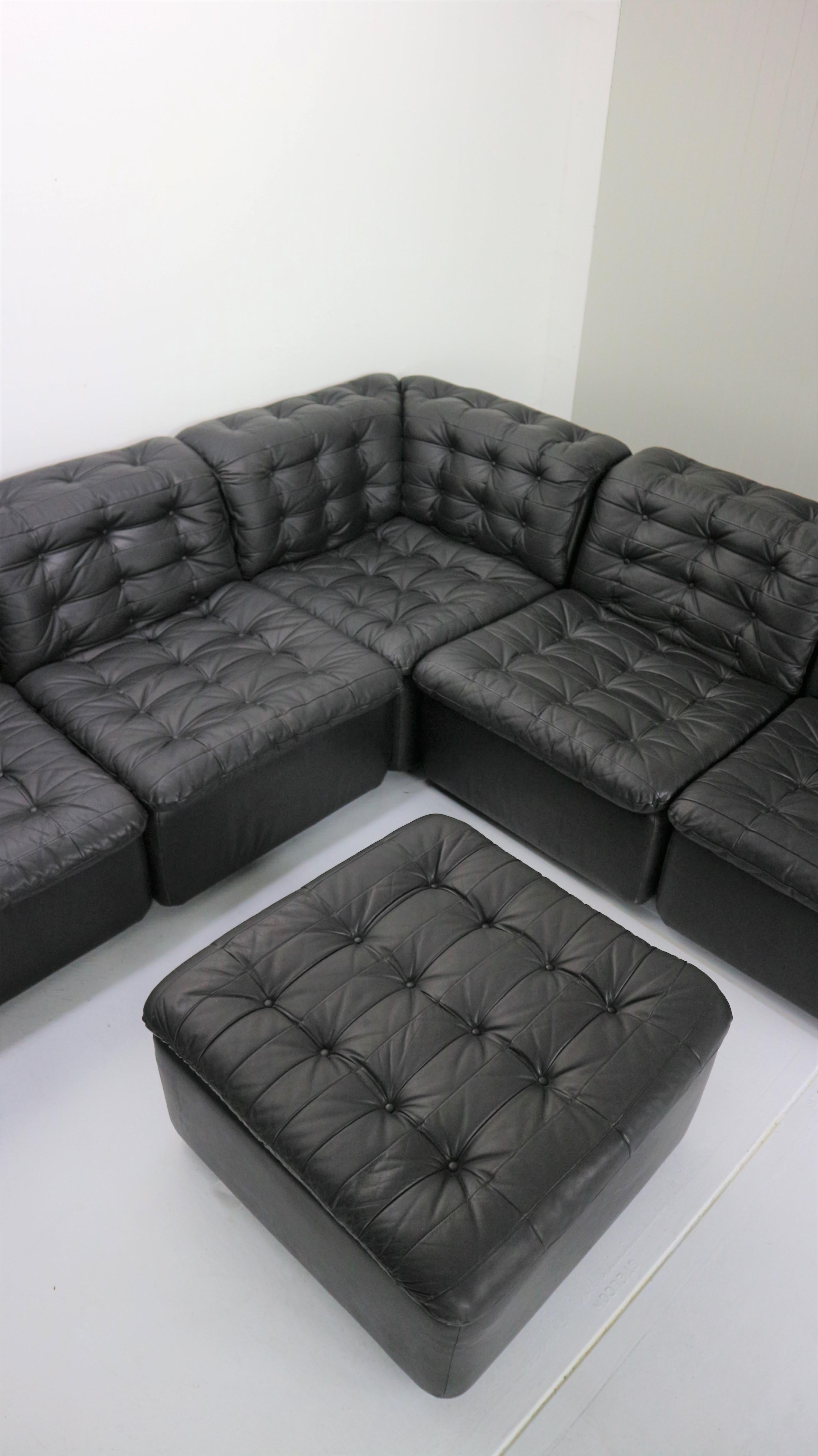 Mid-Century Modern Black Leather Sectional Seven-Seat Sofa, 1970s 5