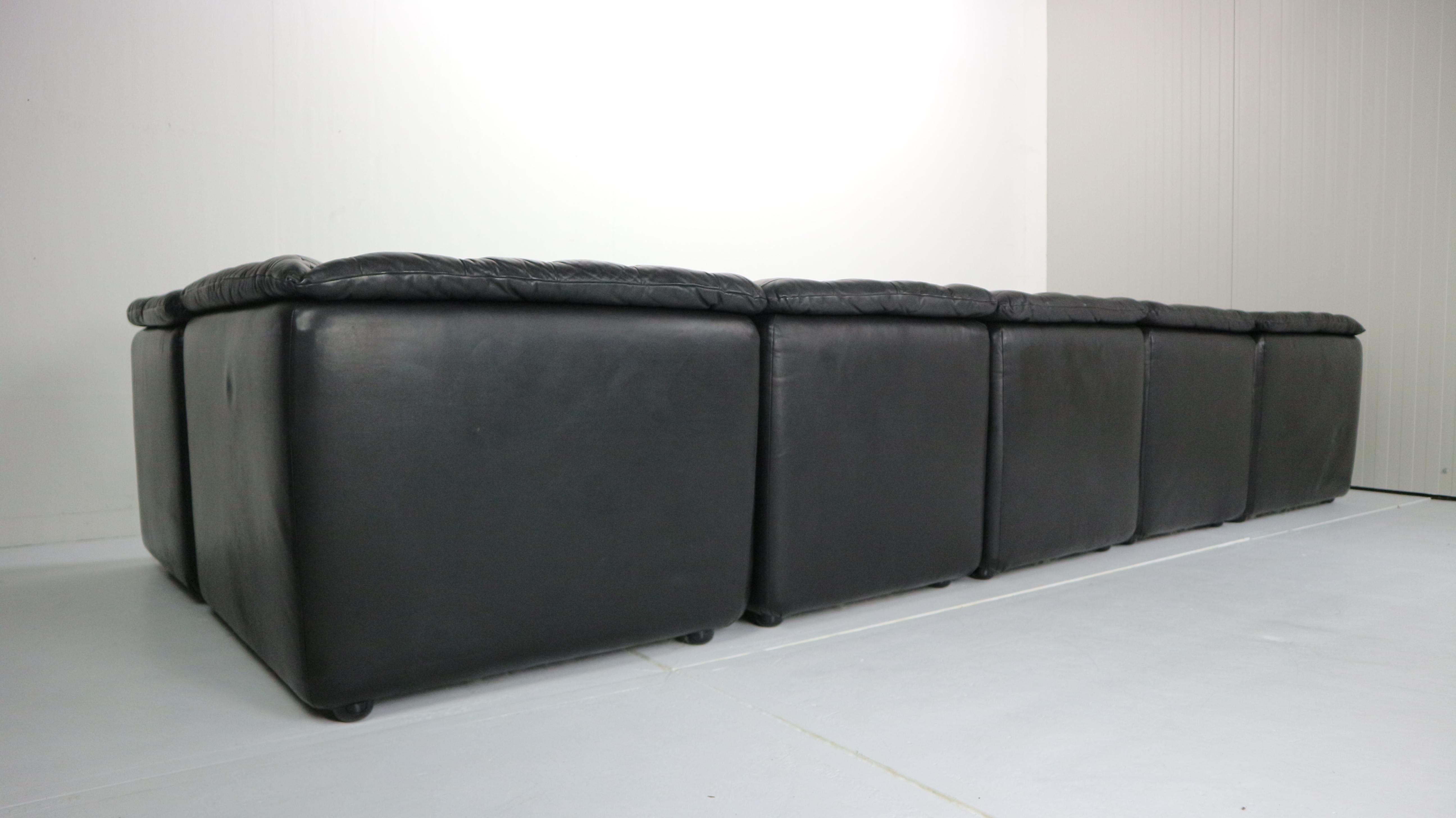 Mid-Century Modern Black Leather Sectional Seven-Seat Sofa, 1970s 11
