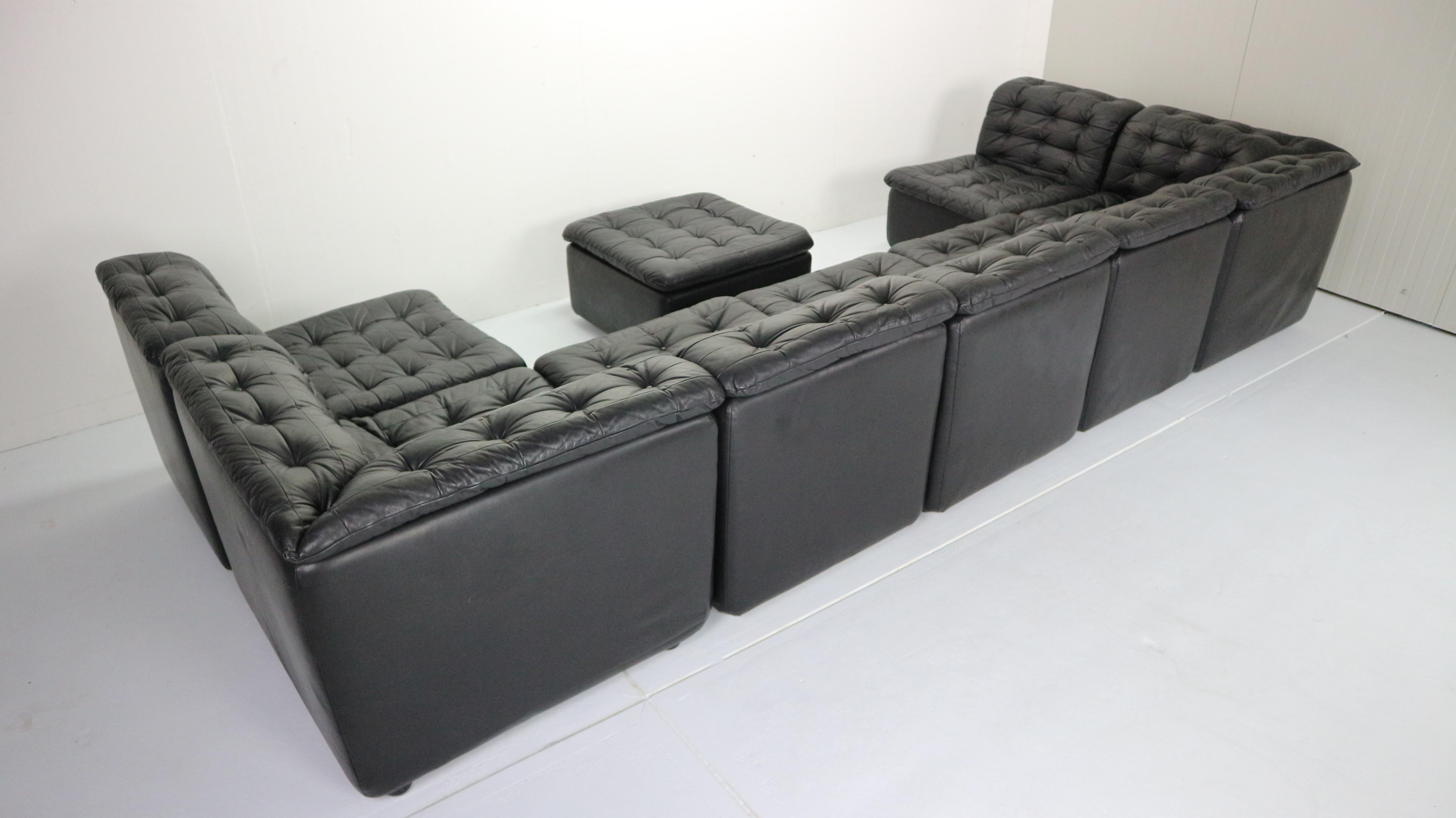 Mid-Century Modern Black Leather Sectional Seven-Seat Sofa, 1970s 12