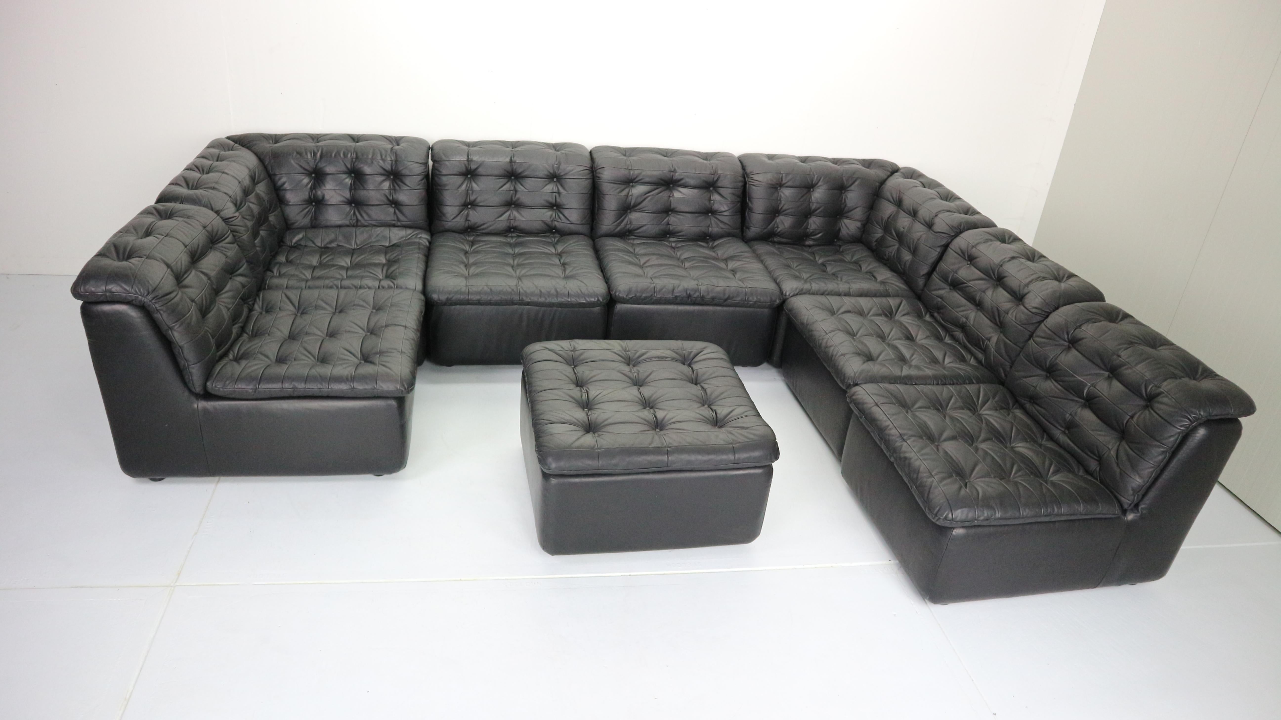 German Mid-Century Modern Black Leather Sectional Seven-Seat Sofa, 1970s