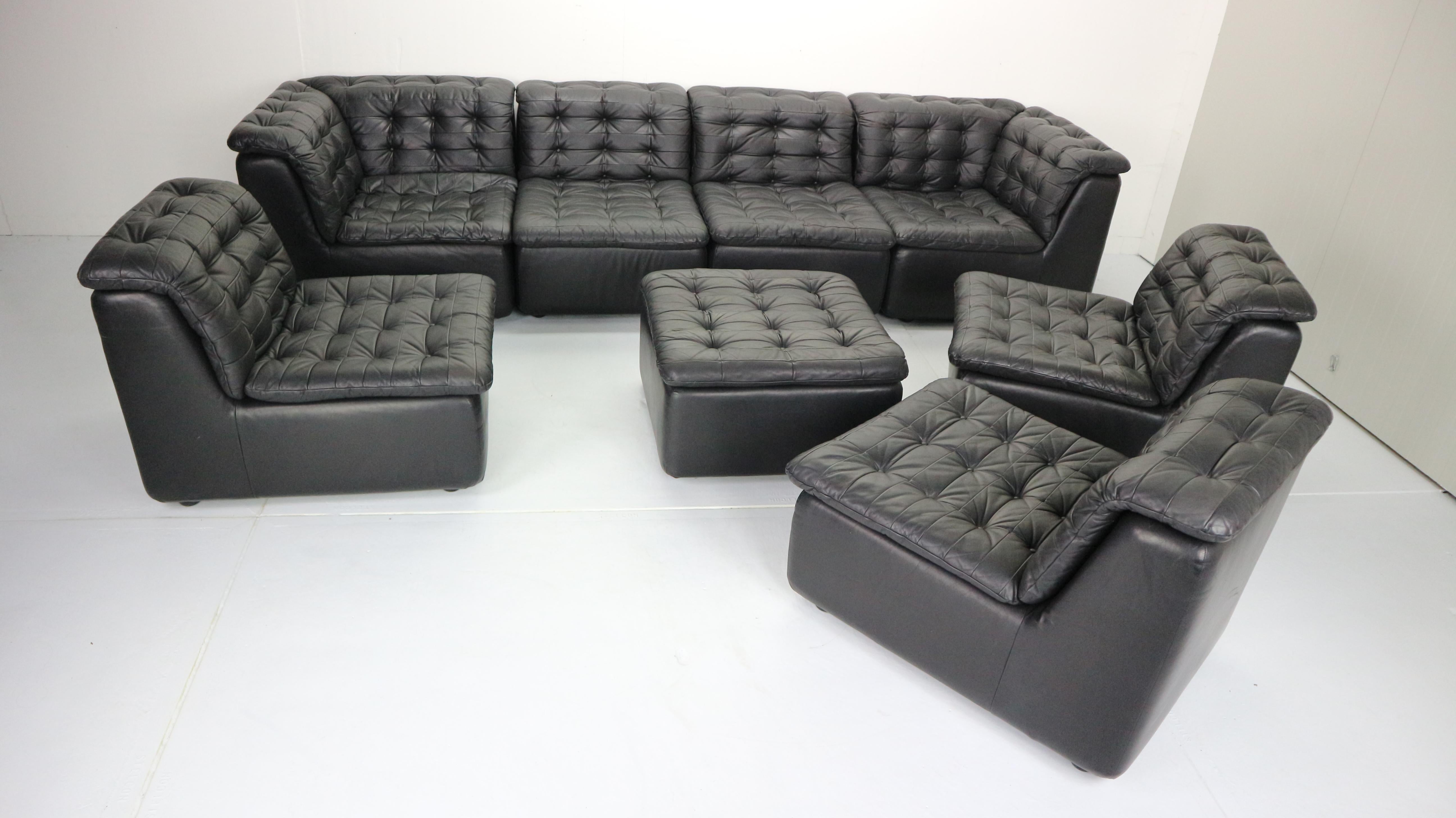 Mid-Century Modern Black Leather Sectional Seven-Seat Sofa, 1970s 1
