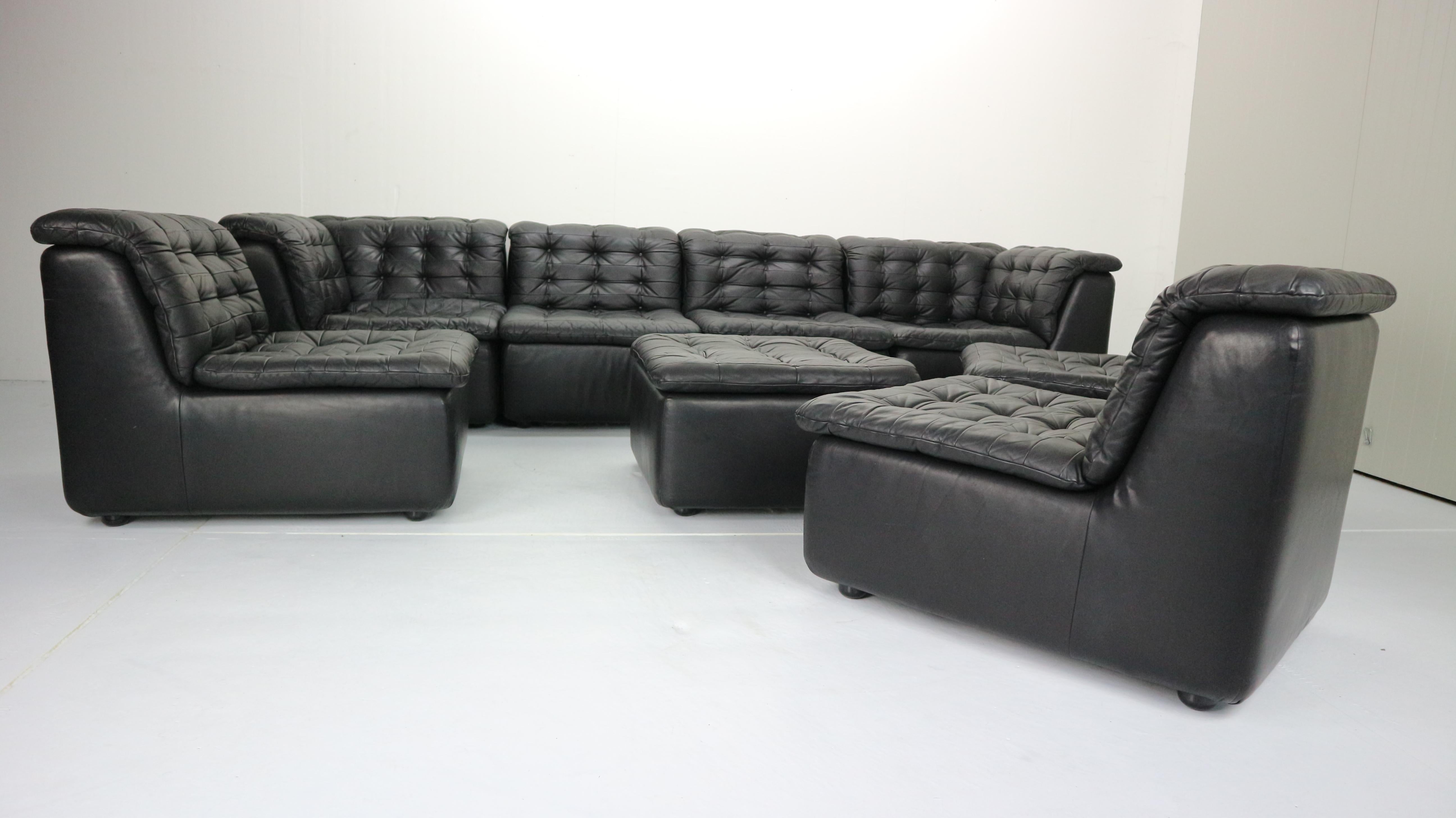 Mid-Century Modern Black Leather Sectional Seven-Seat Sofa, 1970s 2