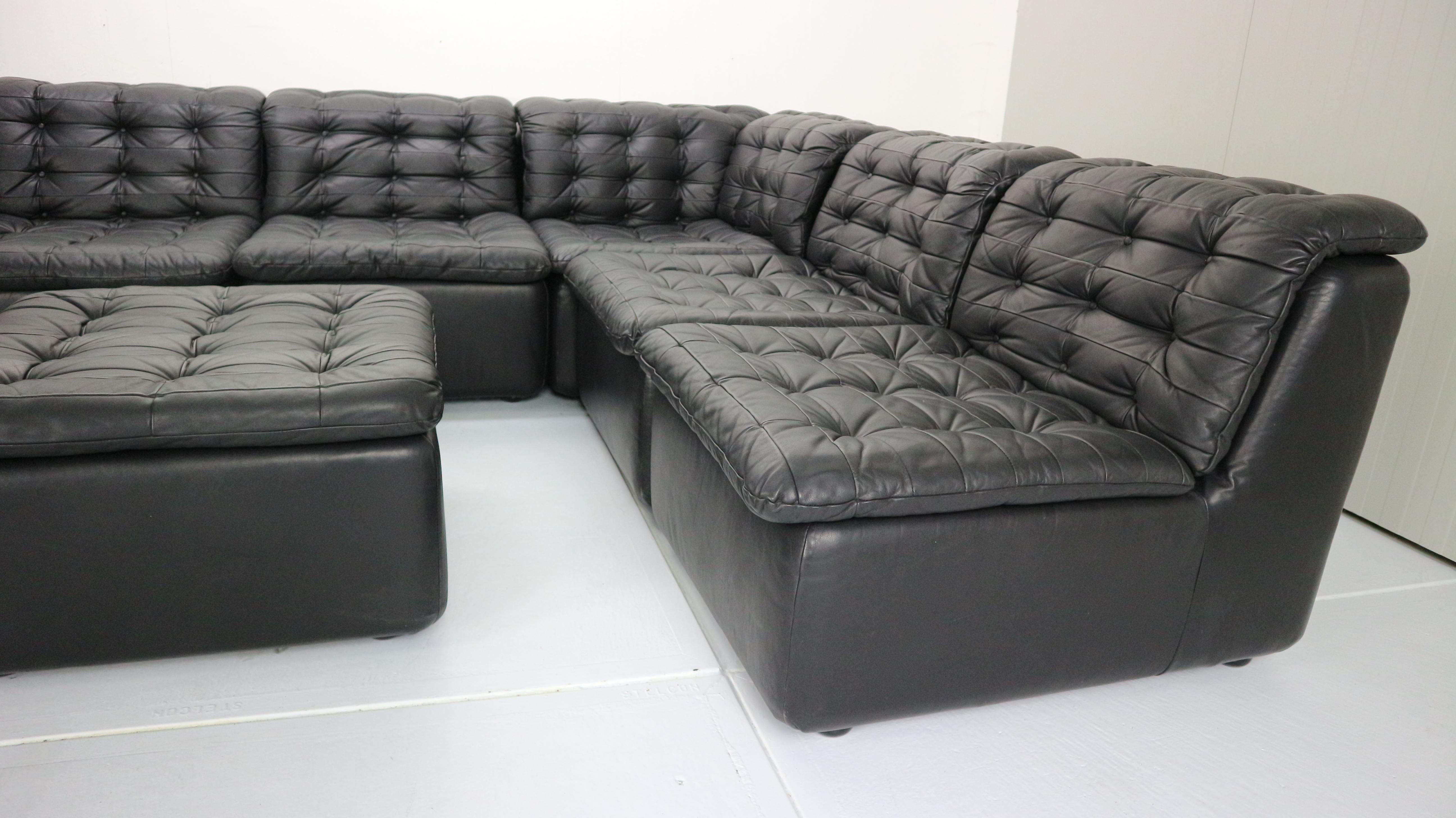 Mid-Century Modern Black Leather Sectional Seven-Seat Sofa, 1970s 3