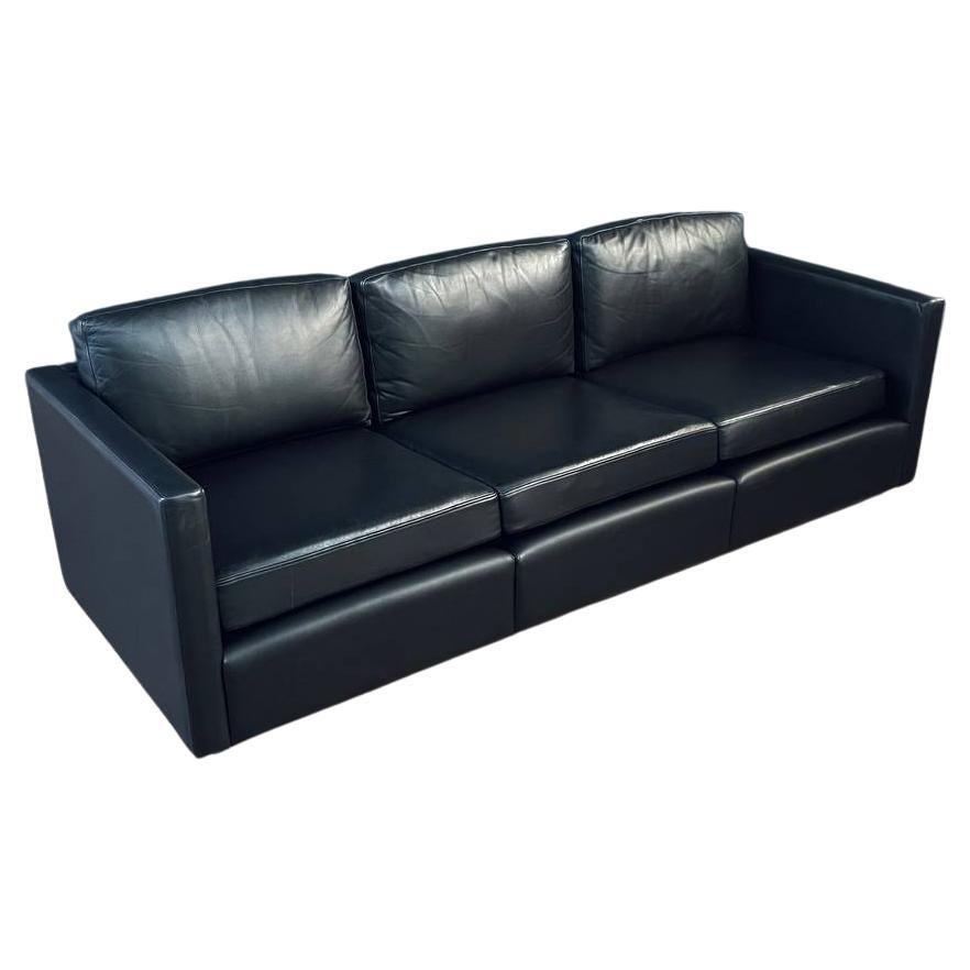Mid-Century Modern Black Leather Sofa by Charles Pfister for Knoll
