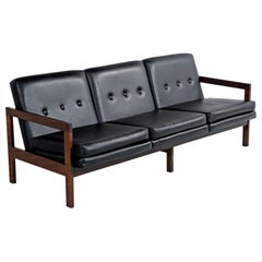 Mid-Century Modern Black Leather Sofa Couch Beechwood with Button Tufted Backs