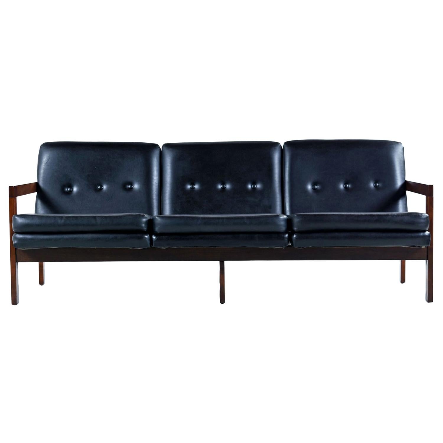 Mid-Century Modern Black Leather Sofa Couch Beechwood with Button Tufted Backs